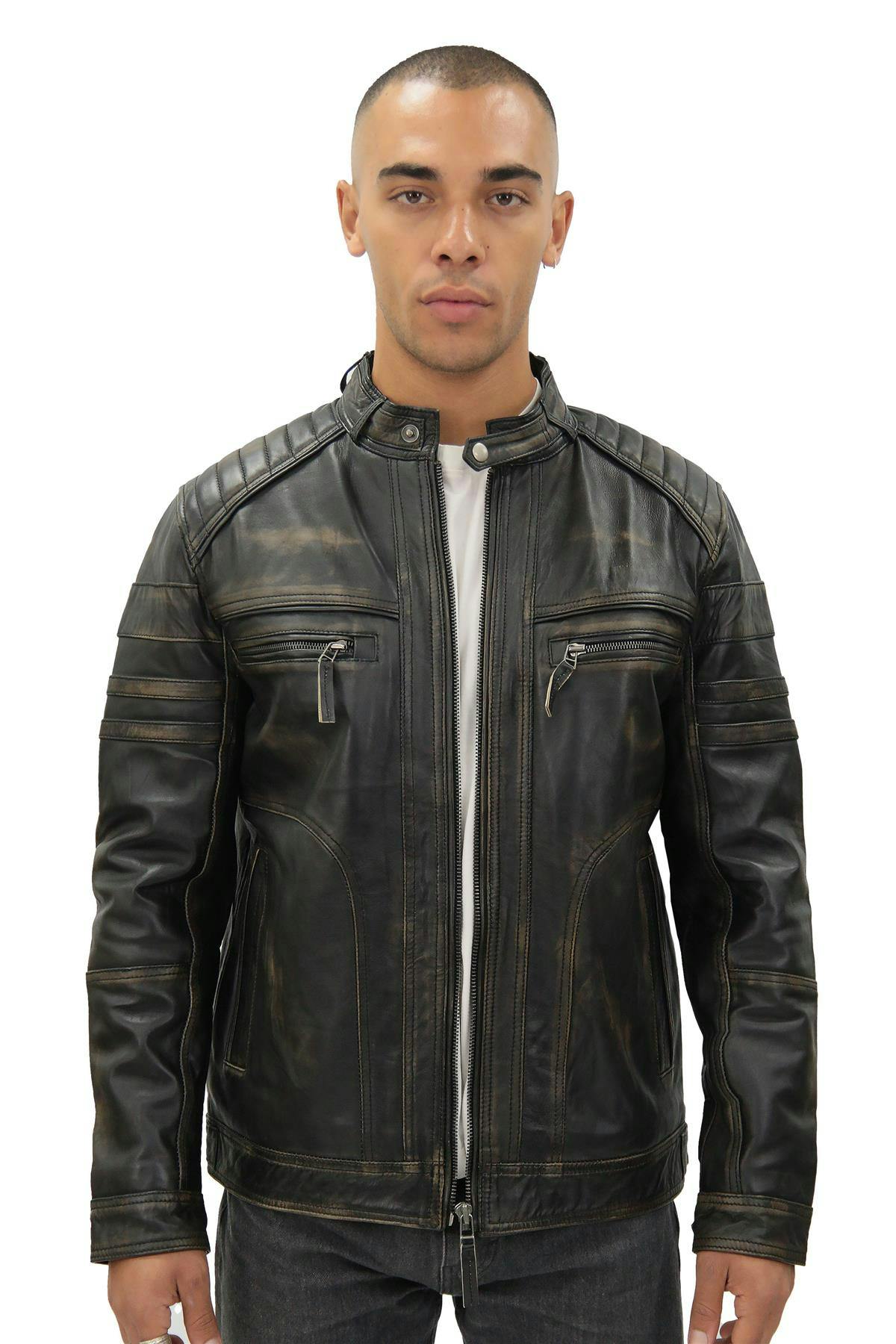 Infinity Leather Men's Black Vintage Leather Biker Jacket-Naples - Vintage - Uk 4XL | Eu 58 | Us 48