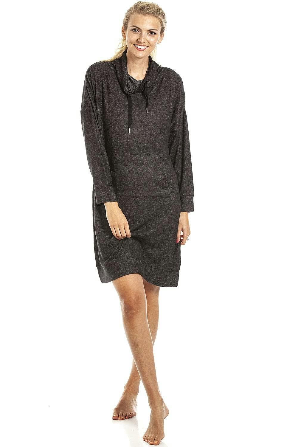 Camille Long Sleeve Cowl Neck Lightweight Knitted Hacci Nightdress - Charcoal - M