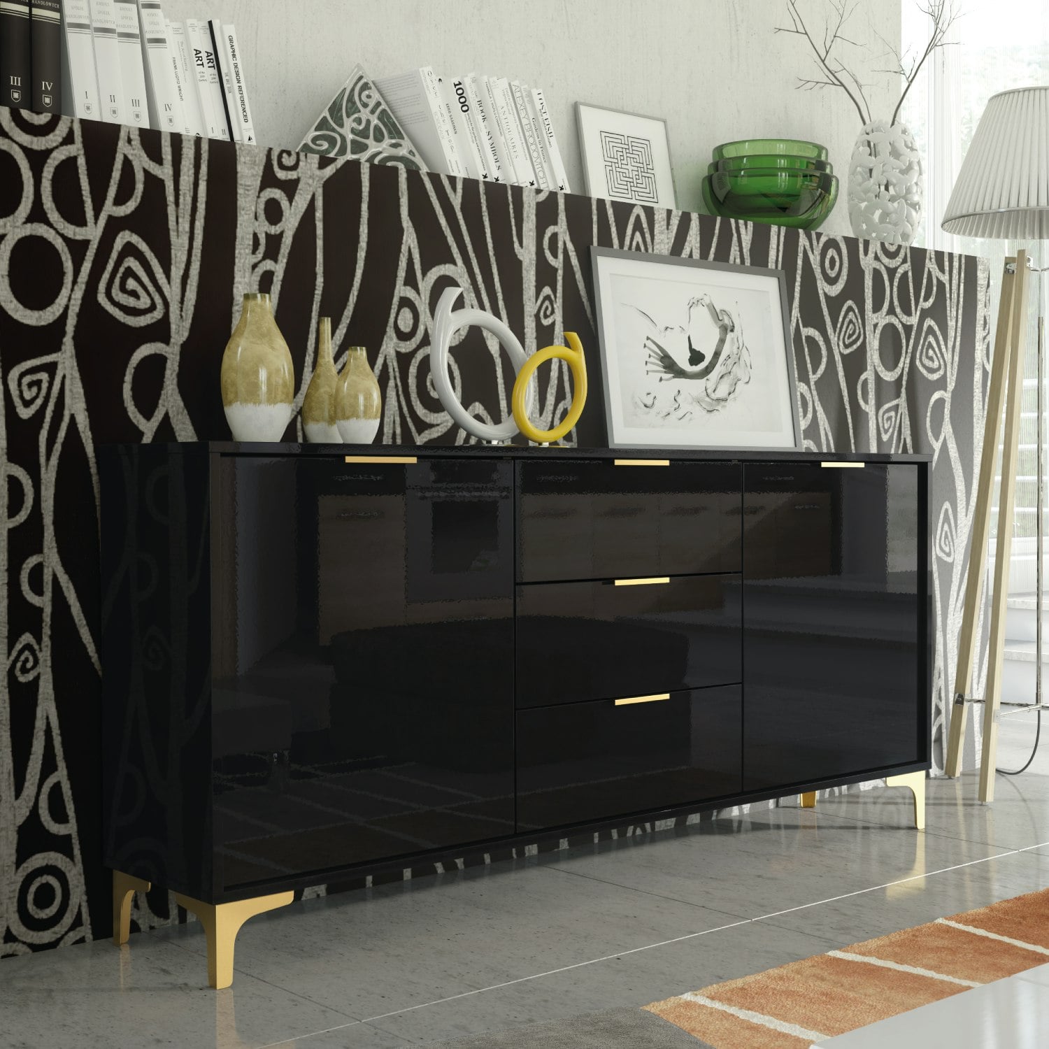 Mex Furniture Black/Gold Luxury 140Cm High Gloss Tv Unit Stand Sideboard With Finish Accents - 140Cm - Mdf/Chipboard
