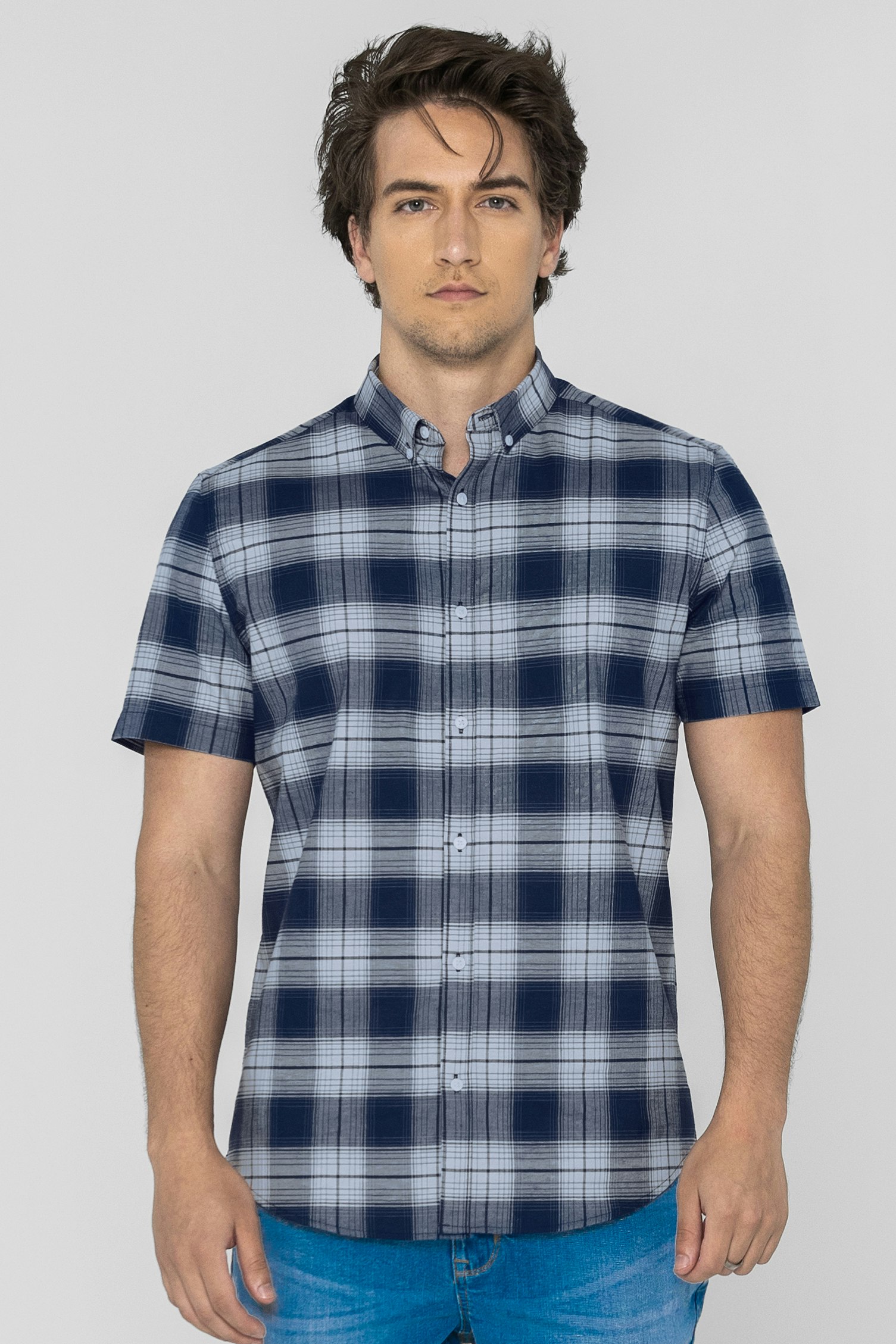 Enorsia Men's Check Short Sleeve Oxford Shirt - Xl - Navy - 98% Cotton 2% Spandex