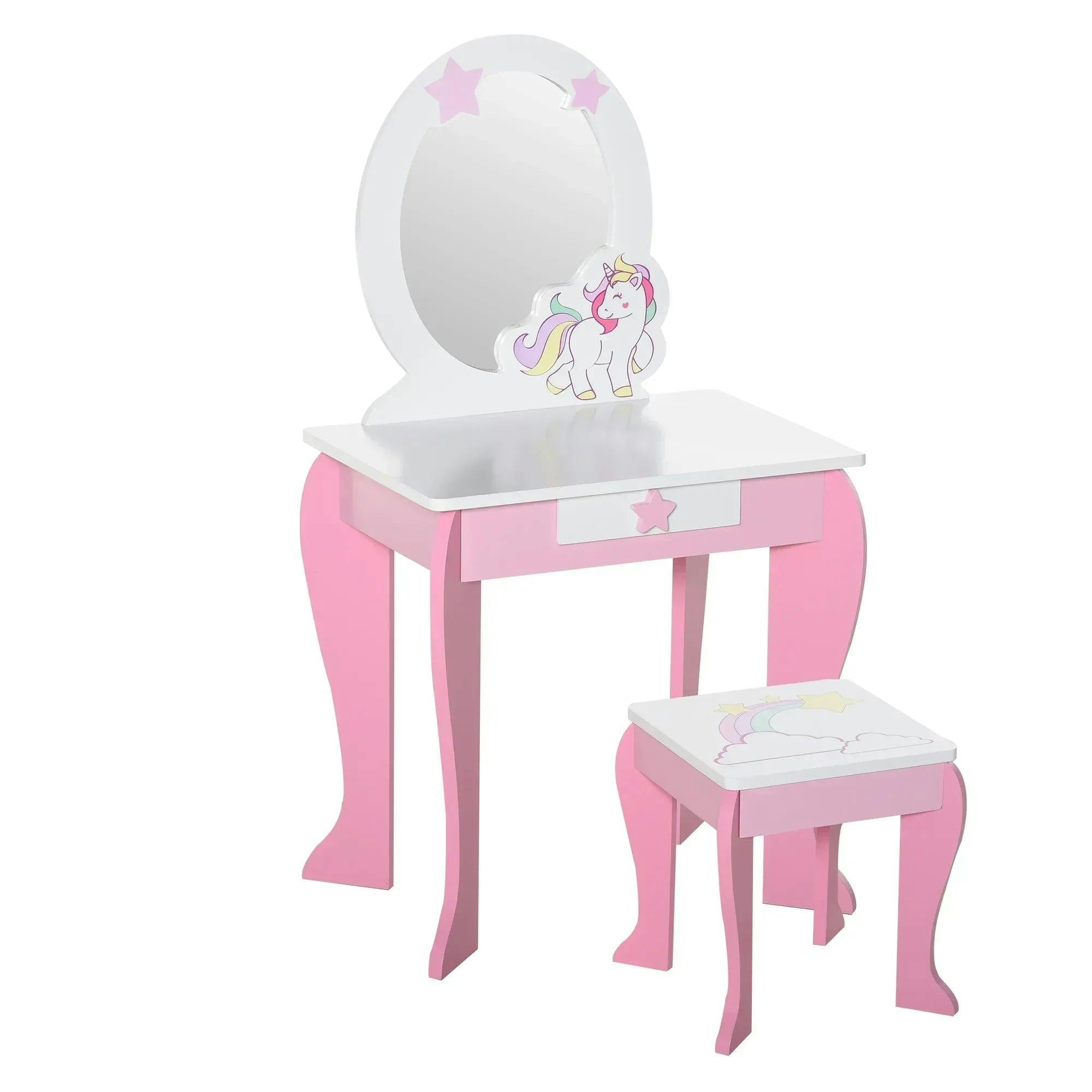 Homcom Girls Pink Dressing Table With Mirror, Stool, Pretend Play Toy - Image 6
