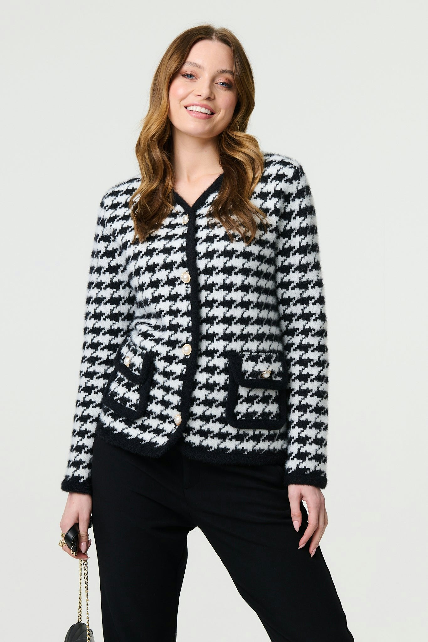 Izabel London Black Houndstooth Long Sleeve Cardigan - 16