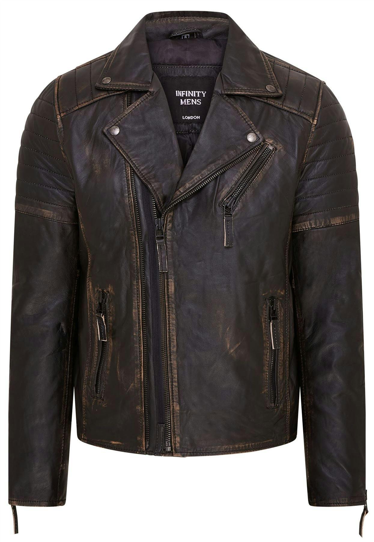 Infinity Leather Men's Black Brando Double Cross Zip Leather Biker Jacket- Fagernes - Vintage - Uk 2XL | Eu 54 | Us 44