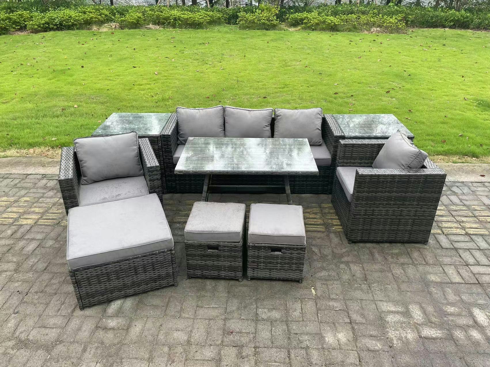 Fimous Dark/Grey 8 Seater Rattan Outdoor Furniture Sofa Garden Dining Set With Dining Table 2 Armchairs 2 Side Tables 3 Stools Mixed