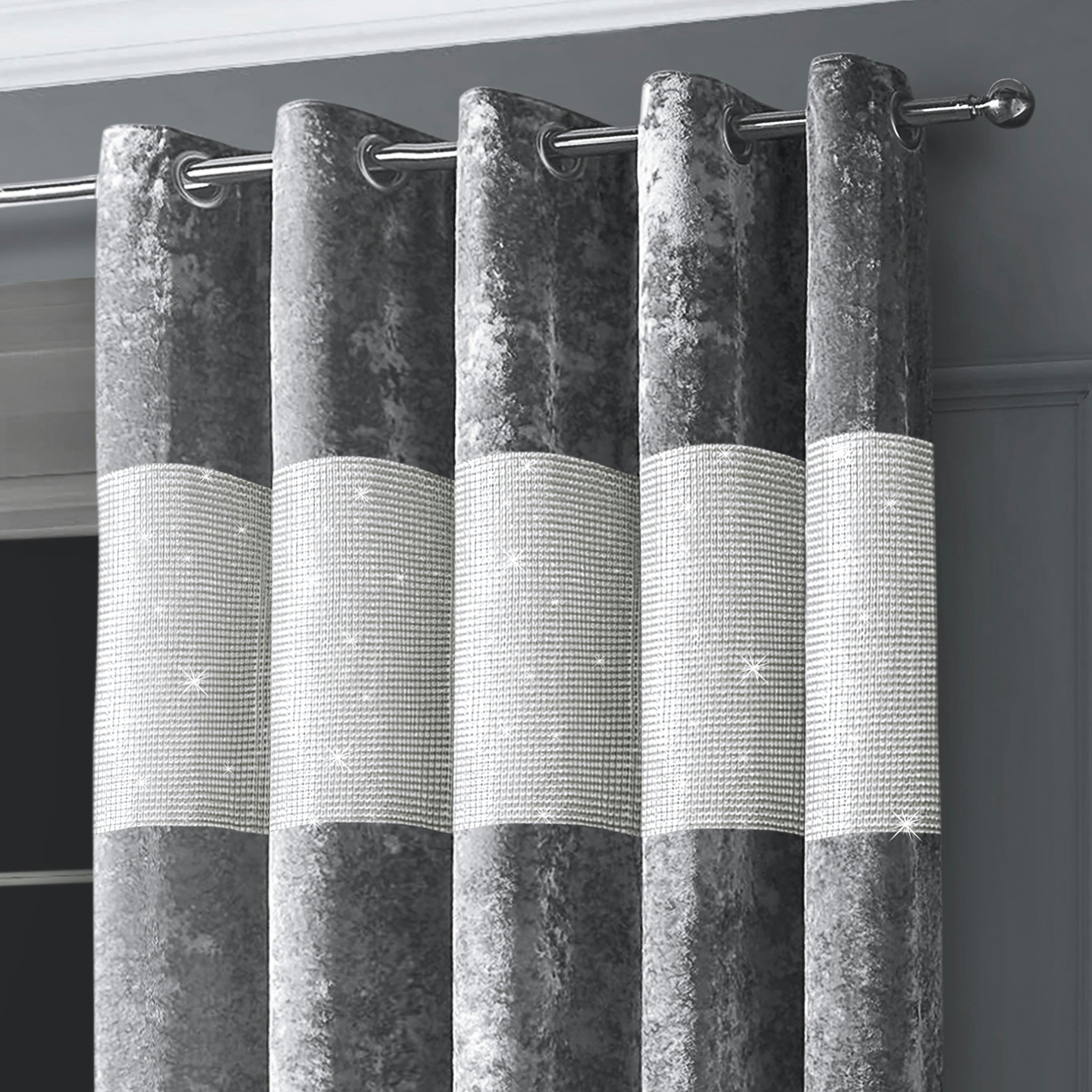 Intimates Silver Diamante Crushed Velvet Ready Made Eyelet Curtains - 168Cm X 183Cm