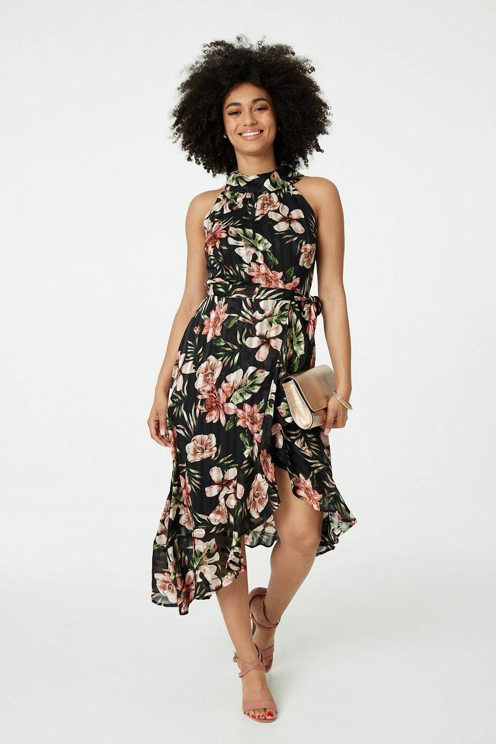 Izabel London Black Floral Asymmetric Halter Neck Midi Dress - 16