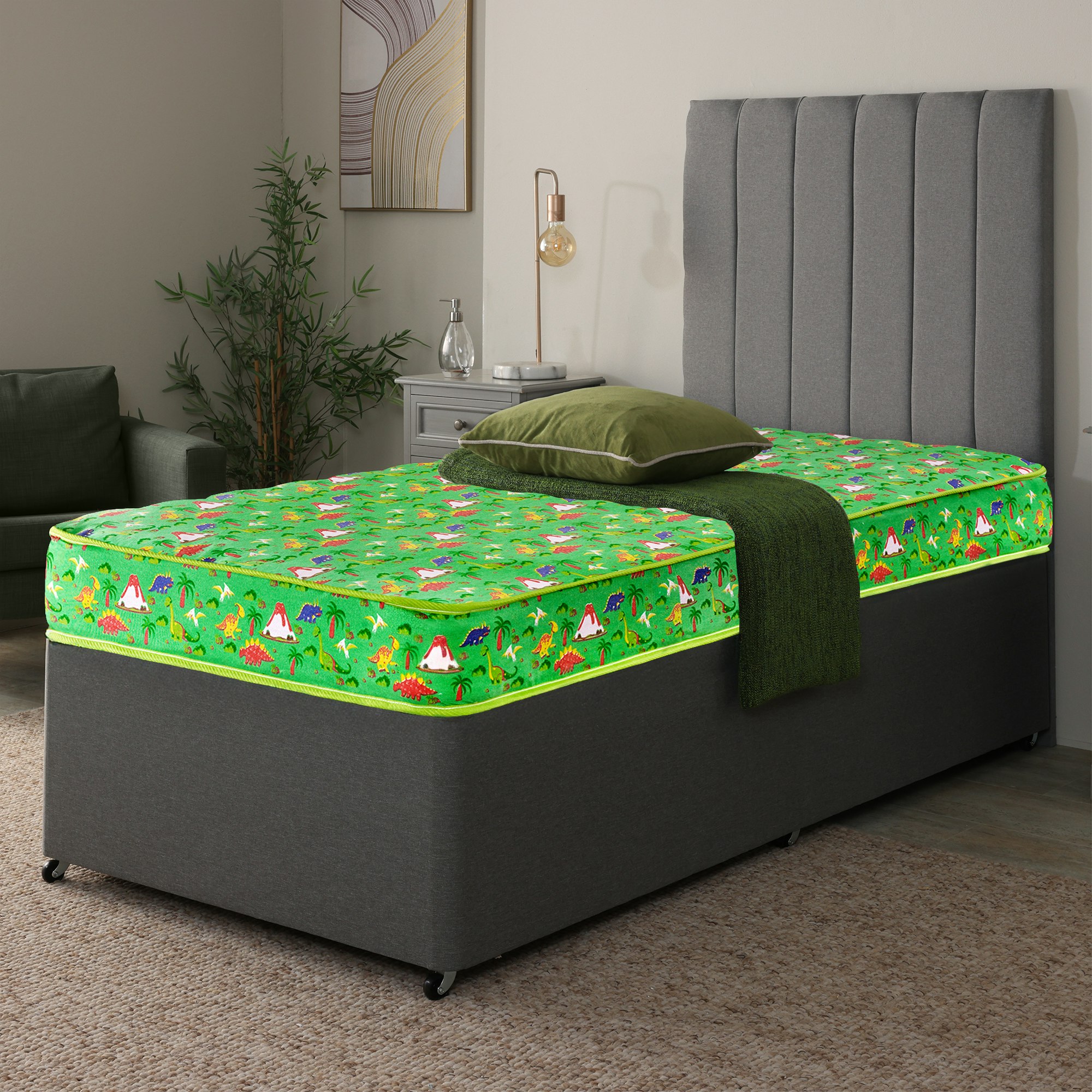 Extreme Comfort Green Dreamy Dinosaur Kids Mattress - 16.5Cm Deep, Dual-Sided Comfort - 1 - 2Ft6 Shorty Small Single Mattress (75Cm X 175Cm)