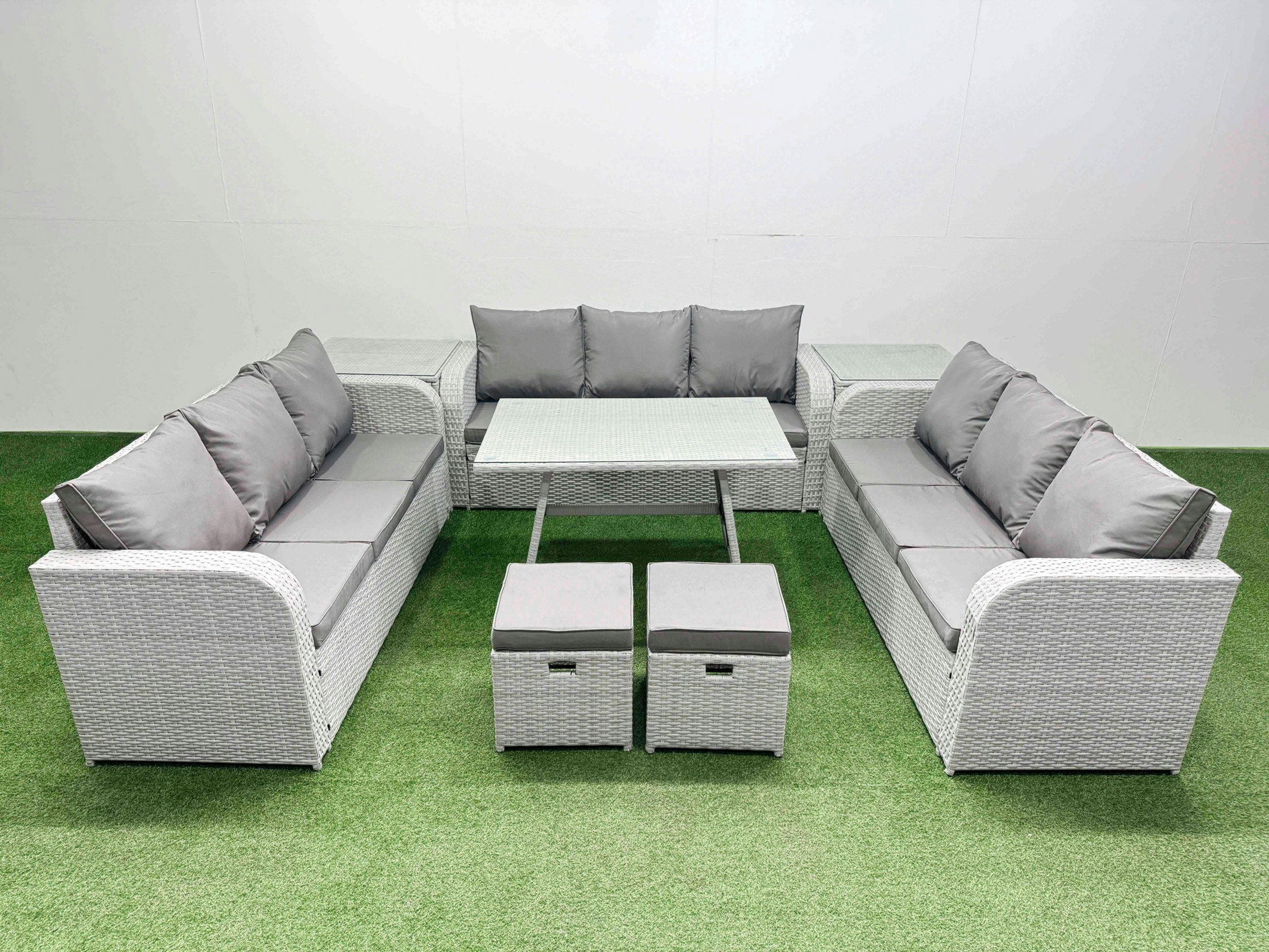 Fimous Light/Grey 11 Seat Outdoor Pe Rattan Garden Furniture With Cushions 3 Seater Sofa 2 Side Tables 2 Small Stools