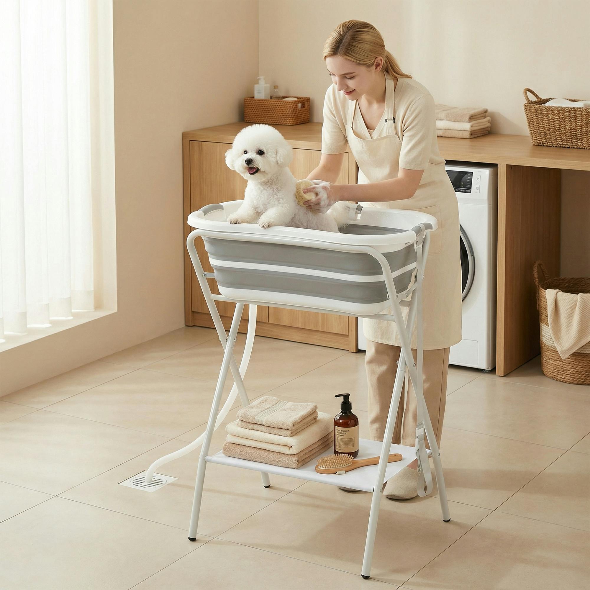 Pawhut Grey 27L Dog Bath Tub Foldable Pet Bathtub With Stand - Image 3