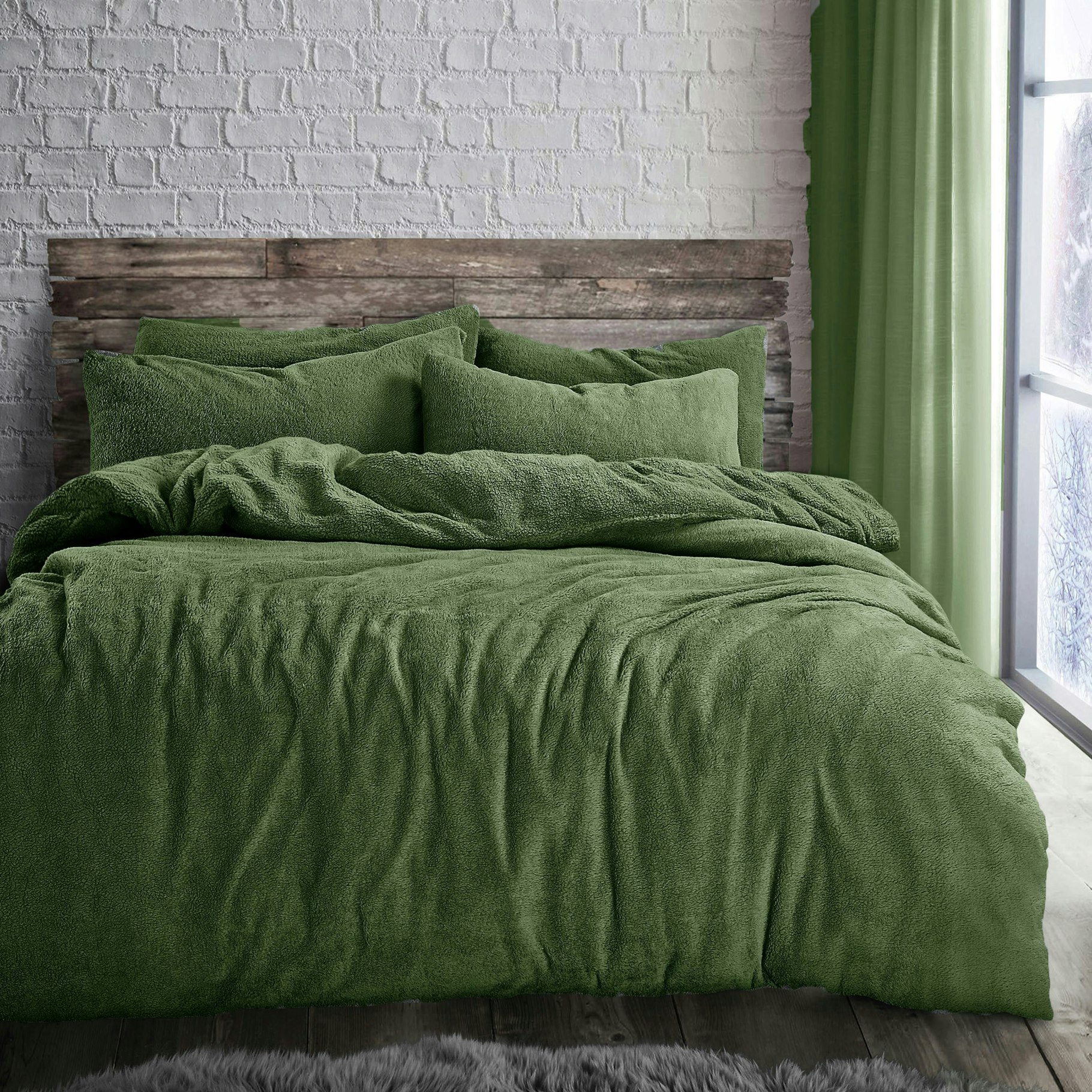 Rackhams Plain Teddy Fluffy And Warm Fleece Duvet Cover Set - Olive - Double