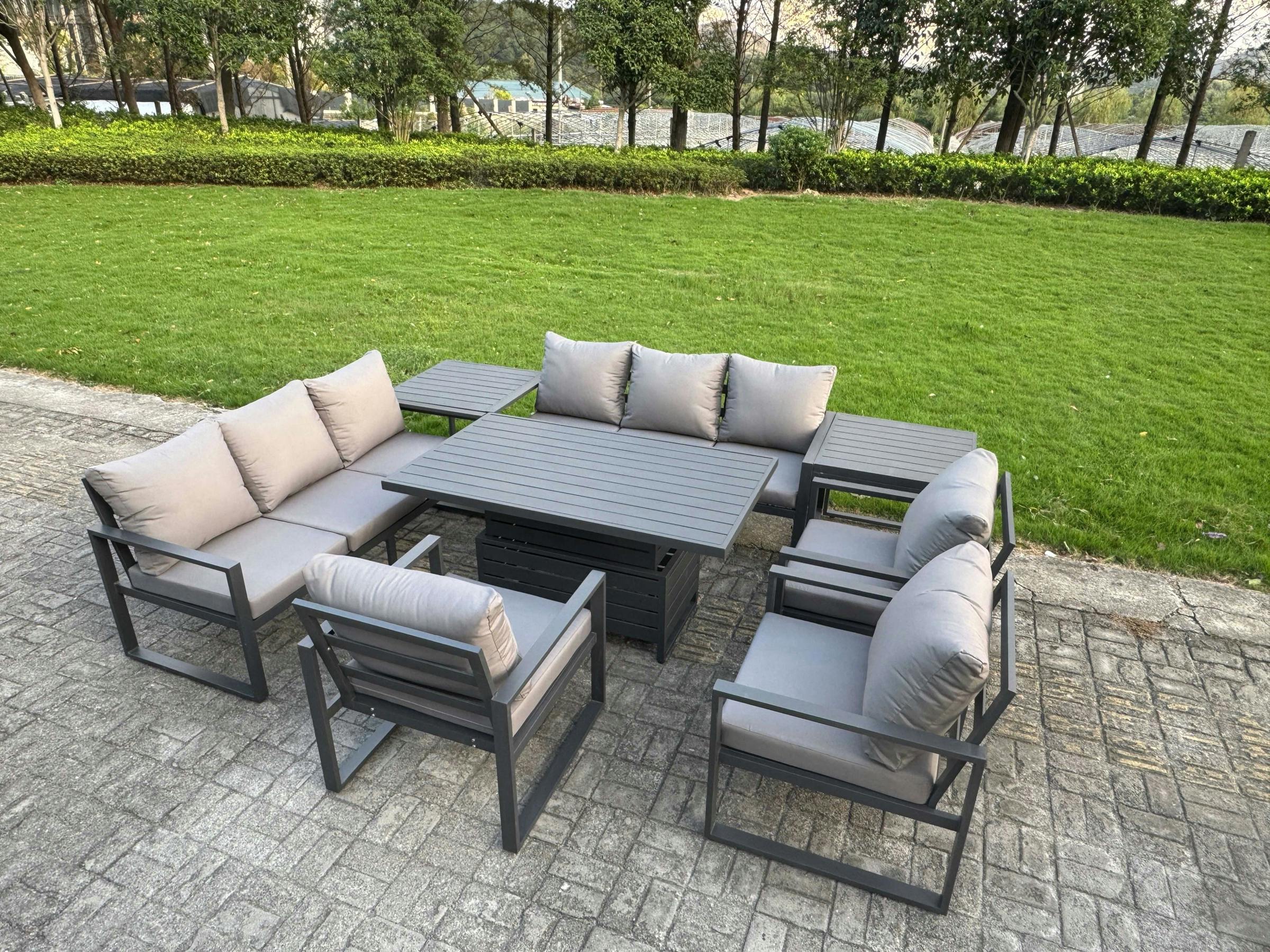 Rackhams Grey 9 Seater Aluminium Garden Furniture Set With Adjustable Rising Dining Table, 2 Sofas, 2 Side Tables & 3 Chairs