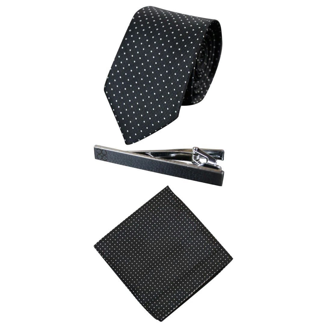 House Of Cavani Men's Black Matching Wedding Satin Silk Tie Hanky & Tie Clip Polka Dot