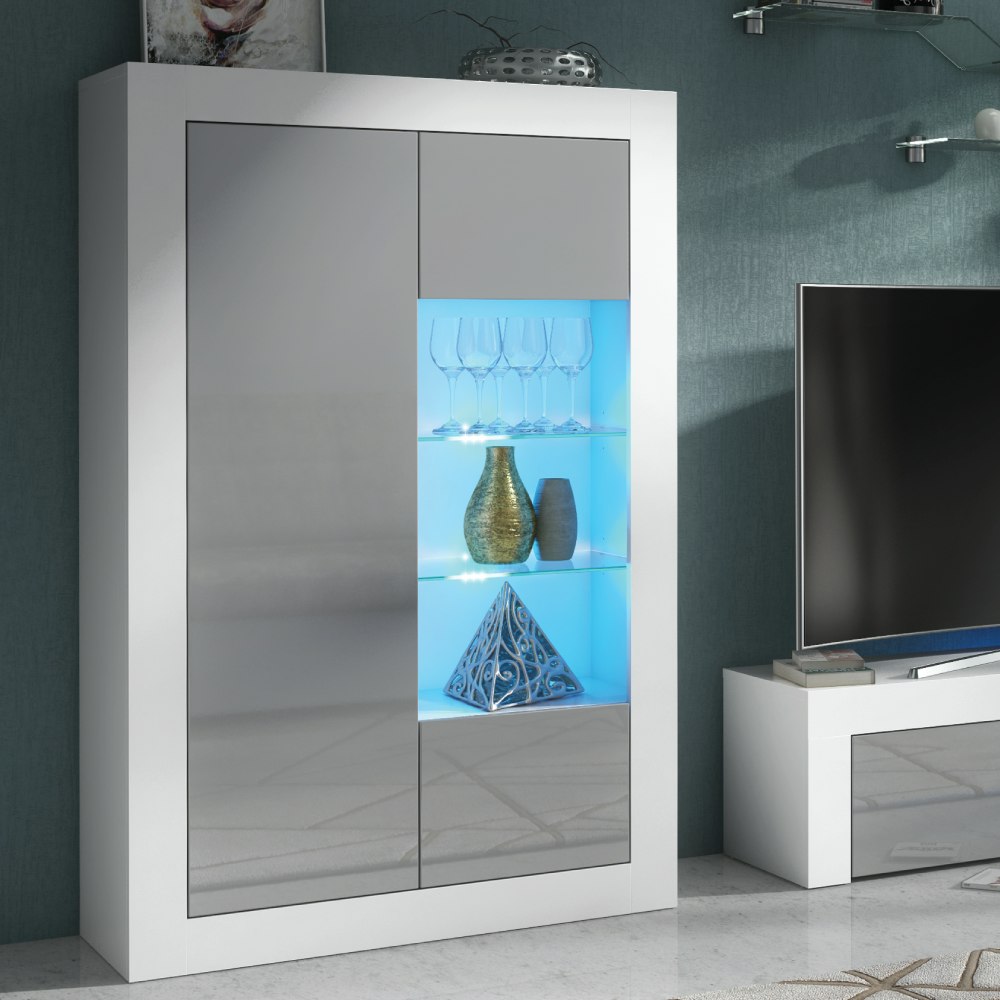 Mex Furniture Grey/White Elegant 140Cm Cabinet Sideboard With High Gloss Doors And Free Led Display - 140 Cm - Matt Body & Gloss Doors - 1