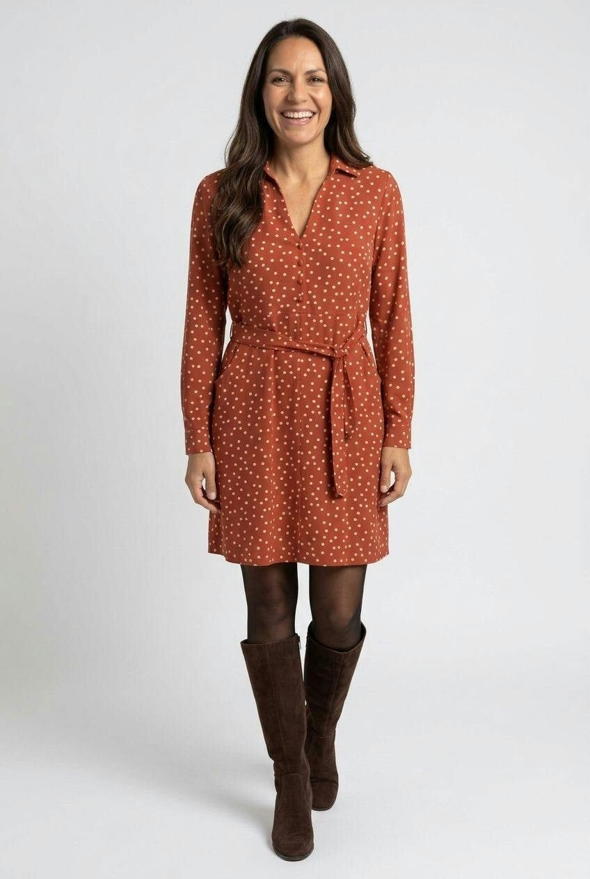 Izabel London Polka Dot Print Tie Waist Shirt Dress - 12 - Rust