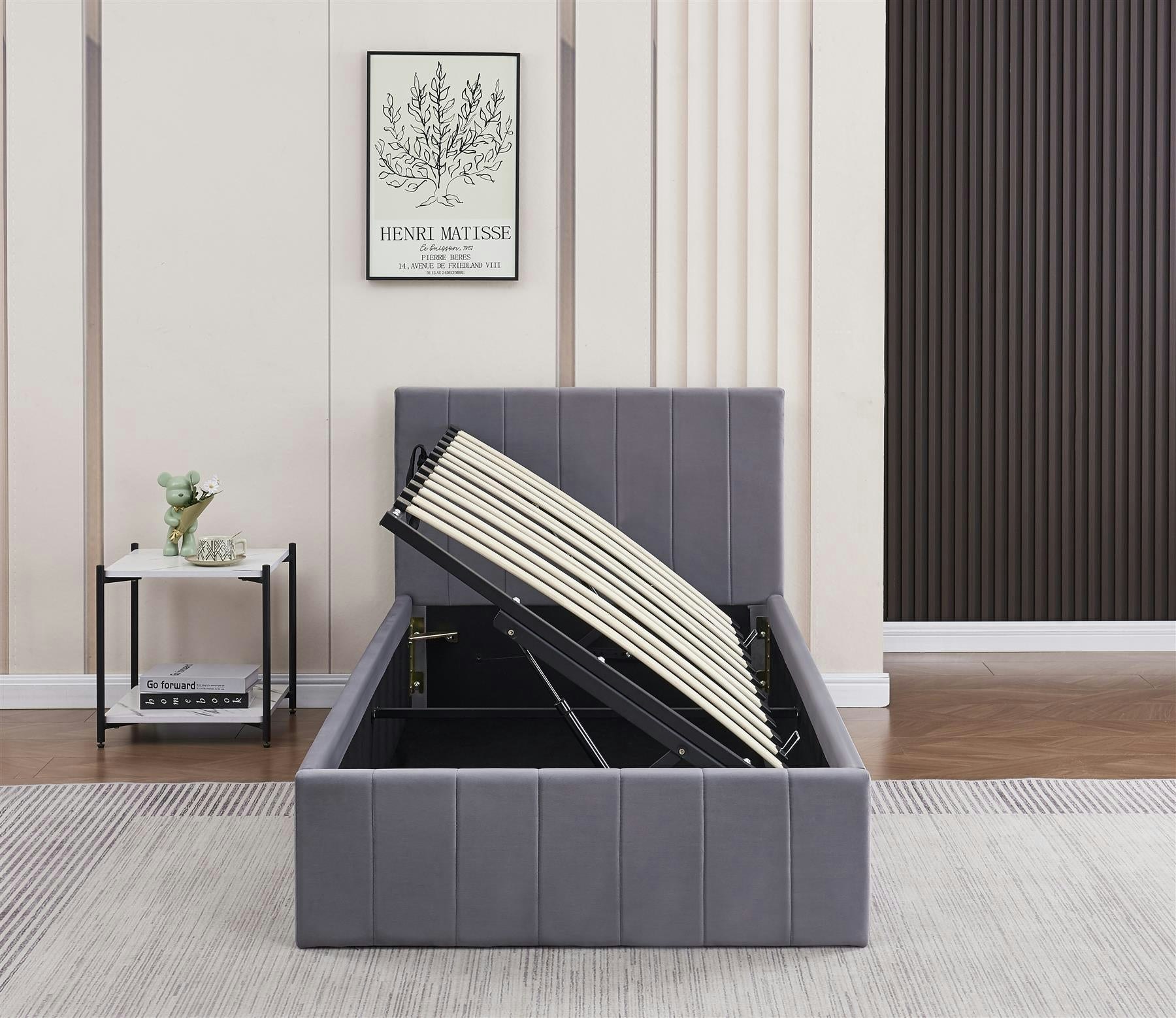 KOSY KOALA Ottoman Bed Gas Lift Storage Grey 3ft Single Line Pattern Velvet Pine Wood Bedroom - Image 4