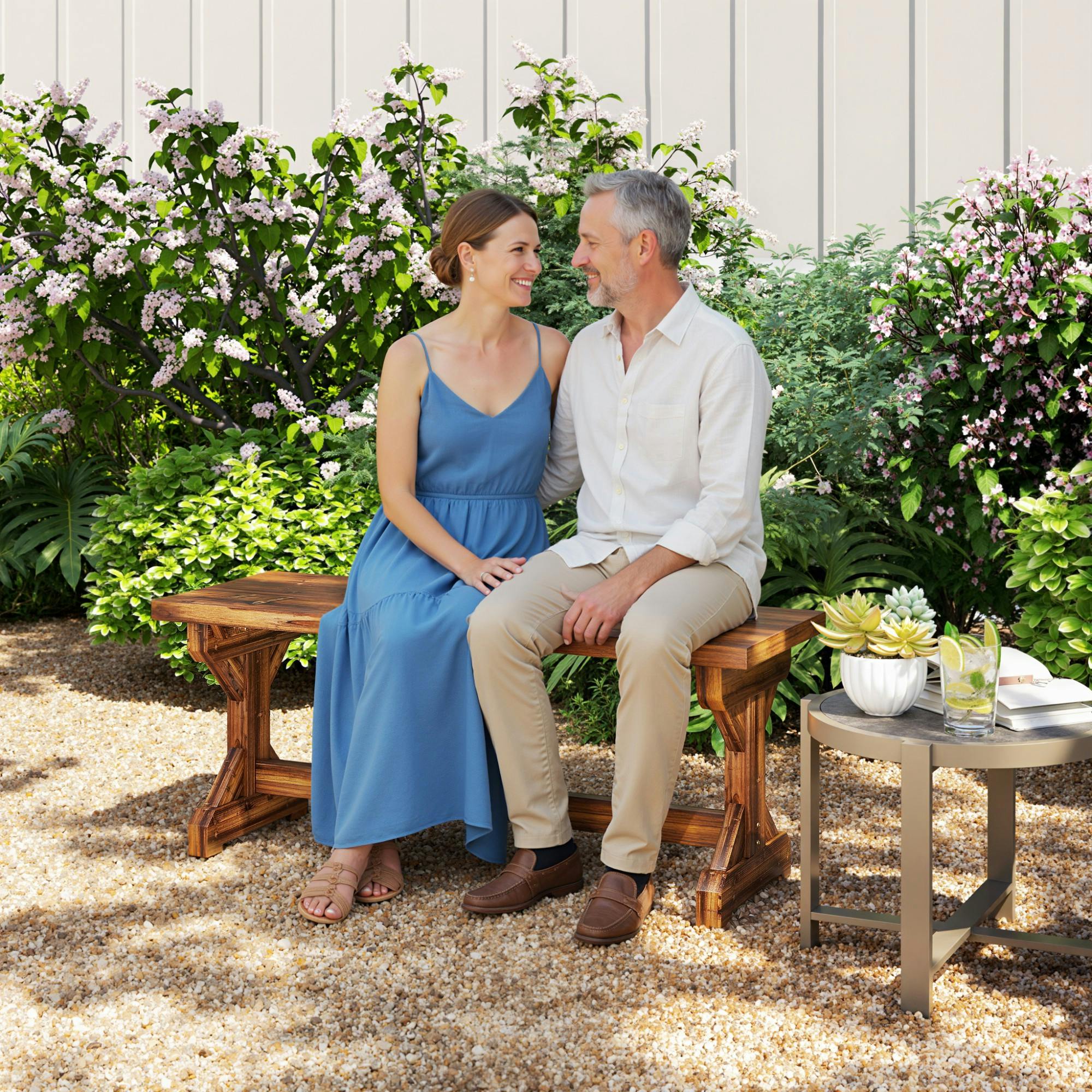 Rackhams Wooden Garden Bench, Rustic Backless Outdoor Loveseat, Carbonised