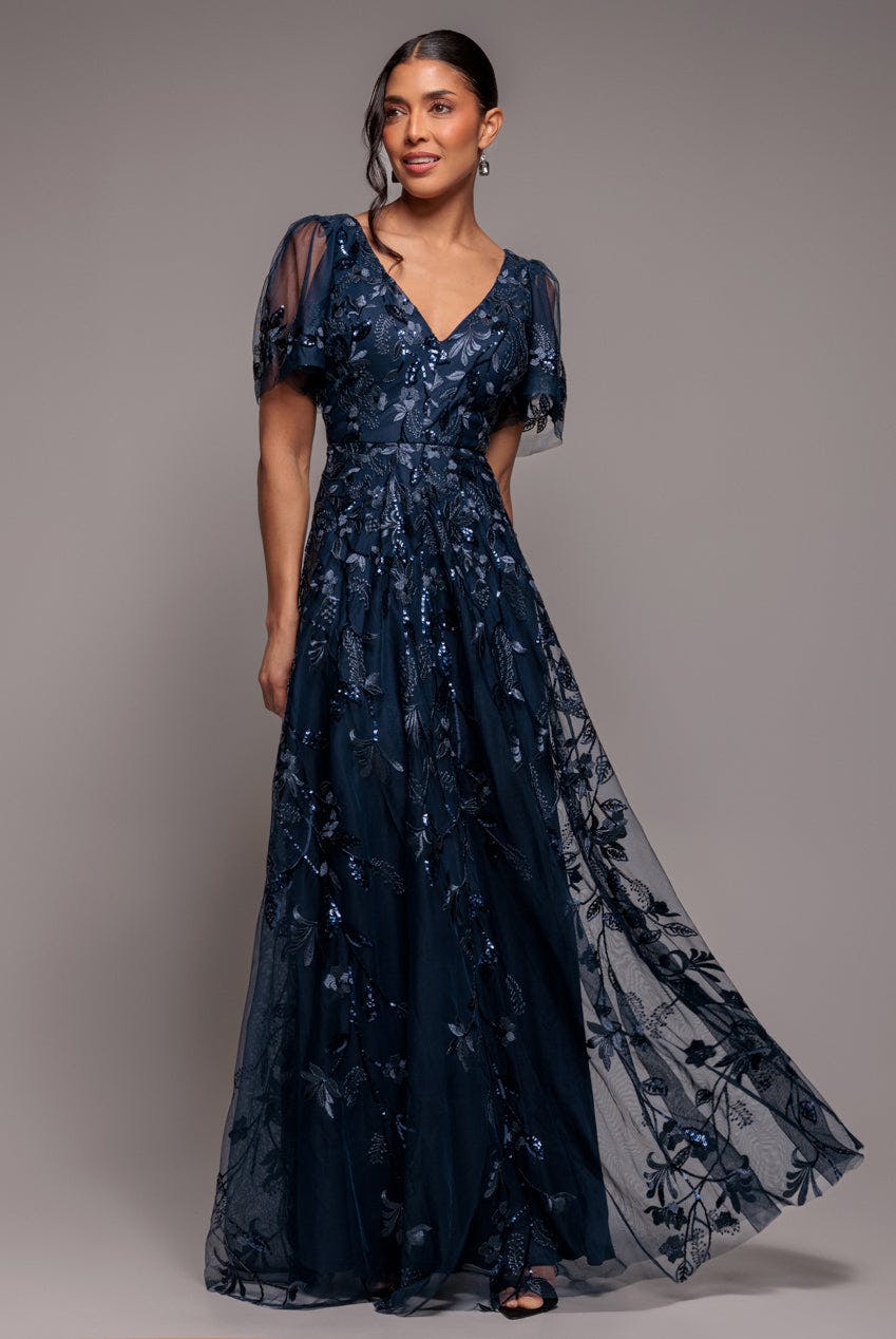 Goddiva Blue Flared Sleeve Embroidered Maxi Dress - Navy By - Navy - 10