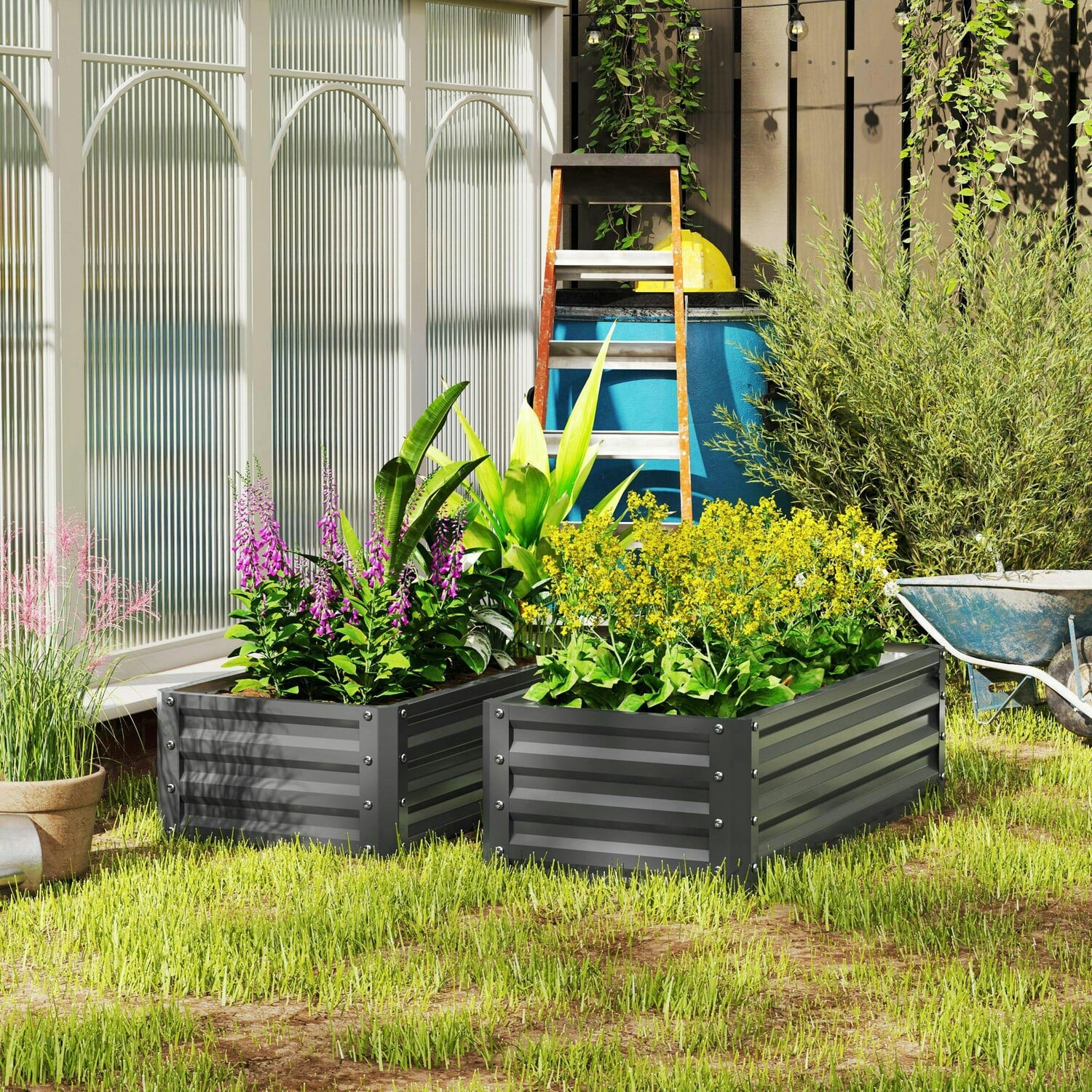 Outsunny Unisex Light Grey Set Of 2 Raised Garden Bed Galvanised Planter Box, - Image 3
