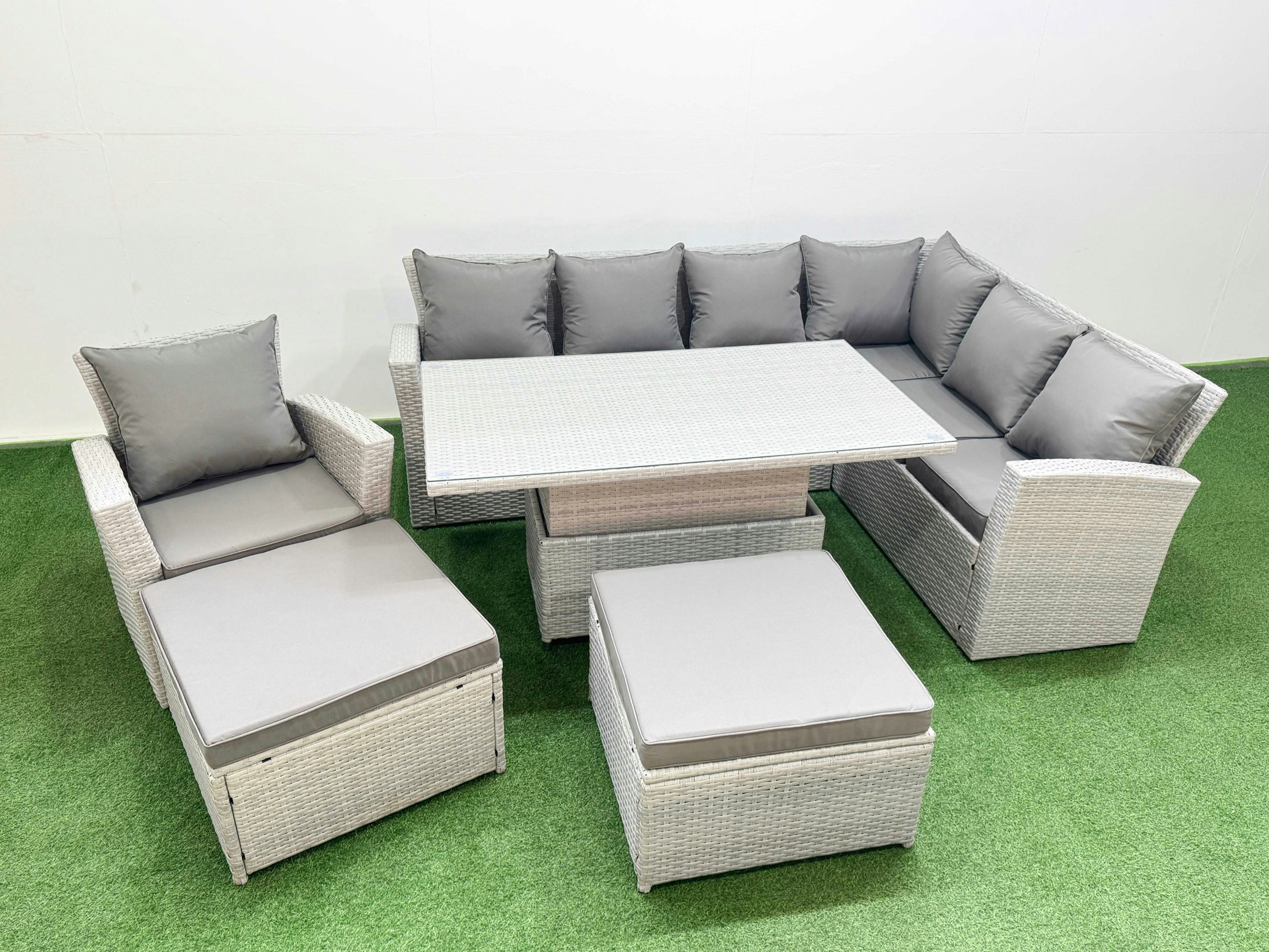 Rackhams Light/Grey 9 Seat Rattan Garden Furniture Corner Sofa Set Outdoor Adjustable Lifting Dining Or Coffee Table Set With 2 Big Footstools