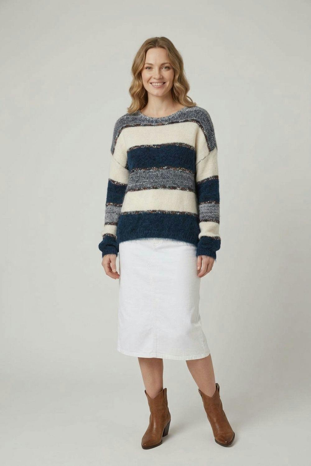 Izabel London Striped Texture Drop Shoulder Jumper - Navy - M/L