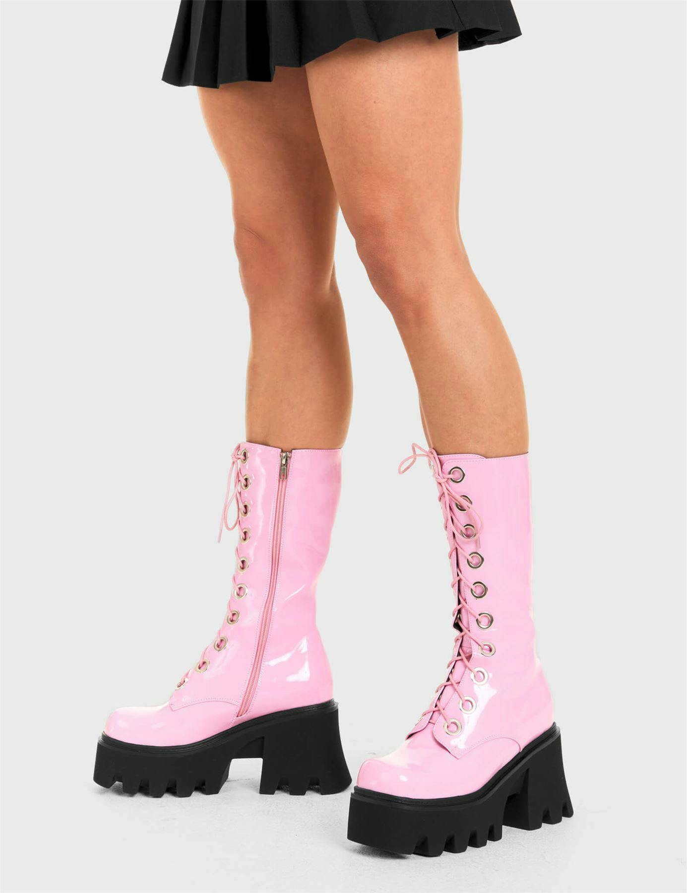 Lamoda Women's Pink Get Paid Patent Chunky Platform Calf Boots Trendy Fashion - Uk7