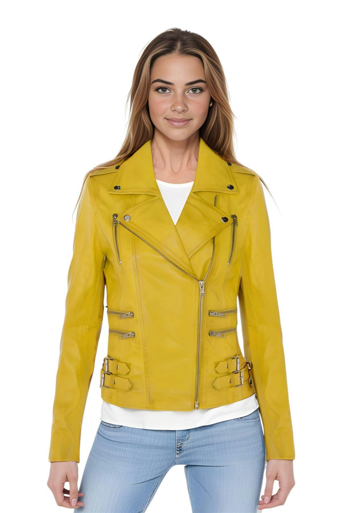 Infinity Leather Women's Yellow Leather Brando Biker Jacket - Orlando - Uk 2XL/18 | Eu 44 | Us 14