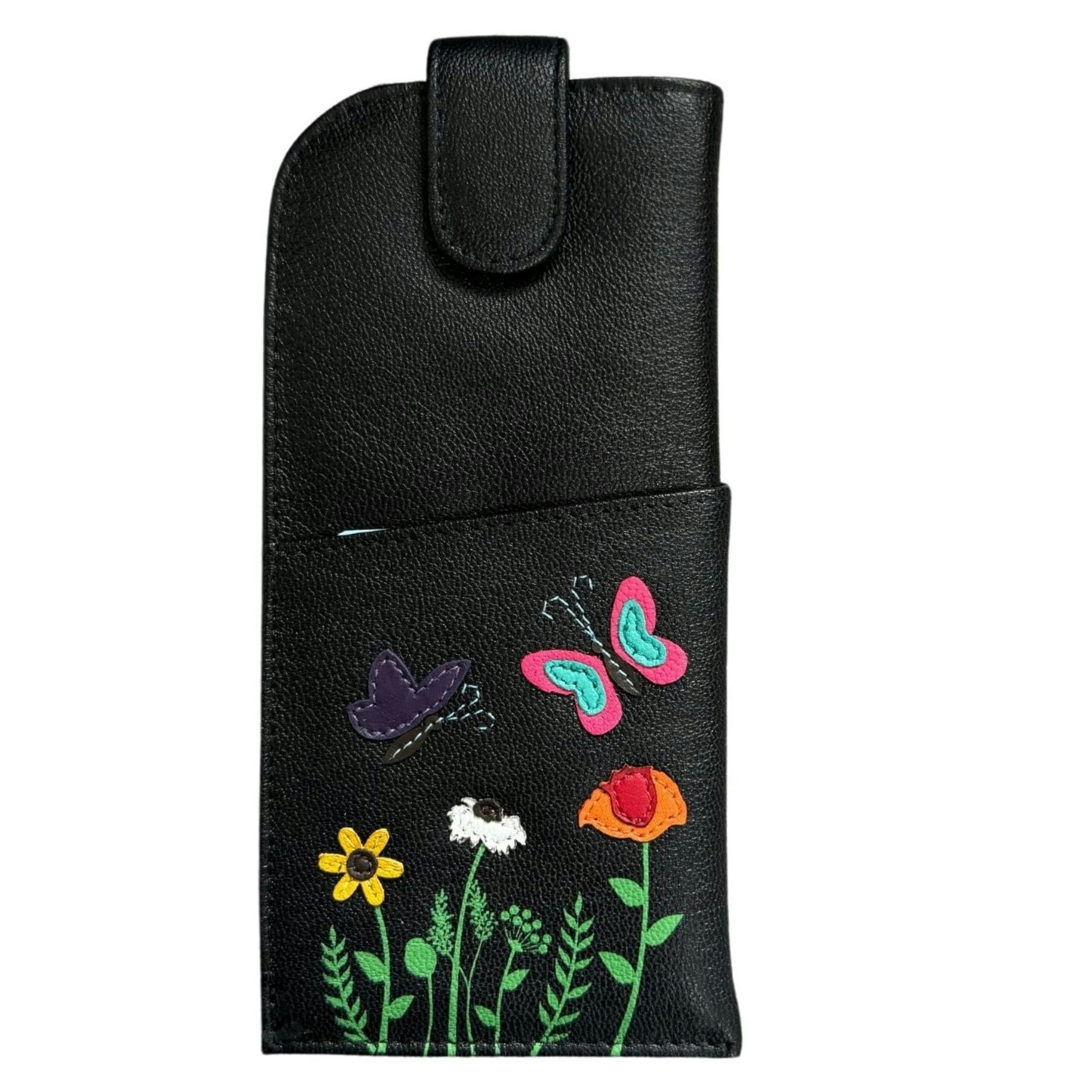 Mala Leather Black Sophia Leather Glasses Case With Butterflies & Flowers