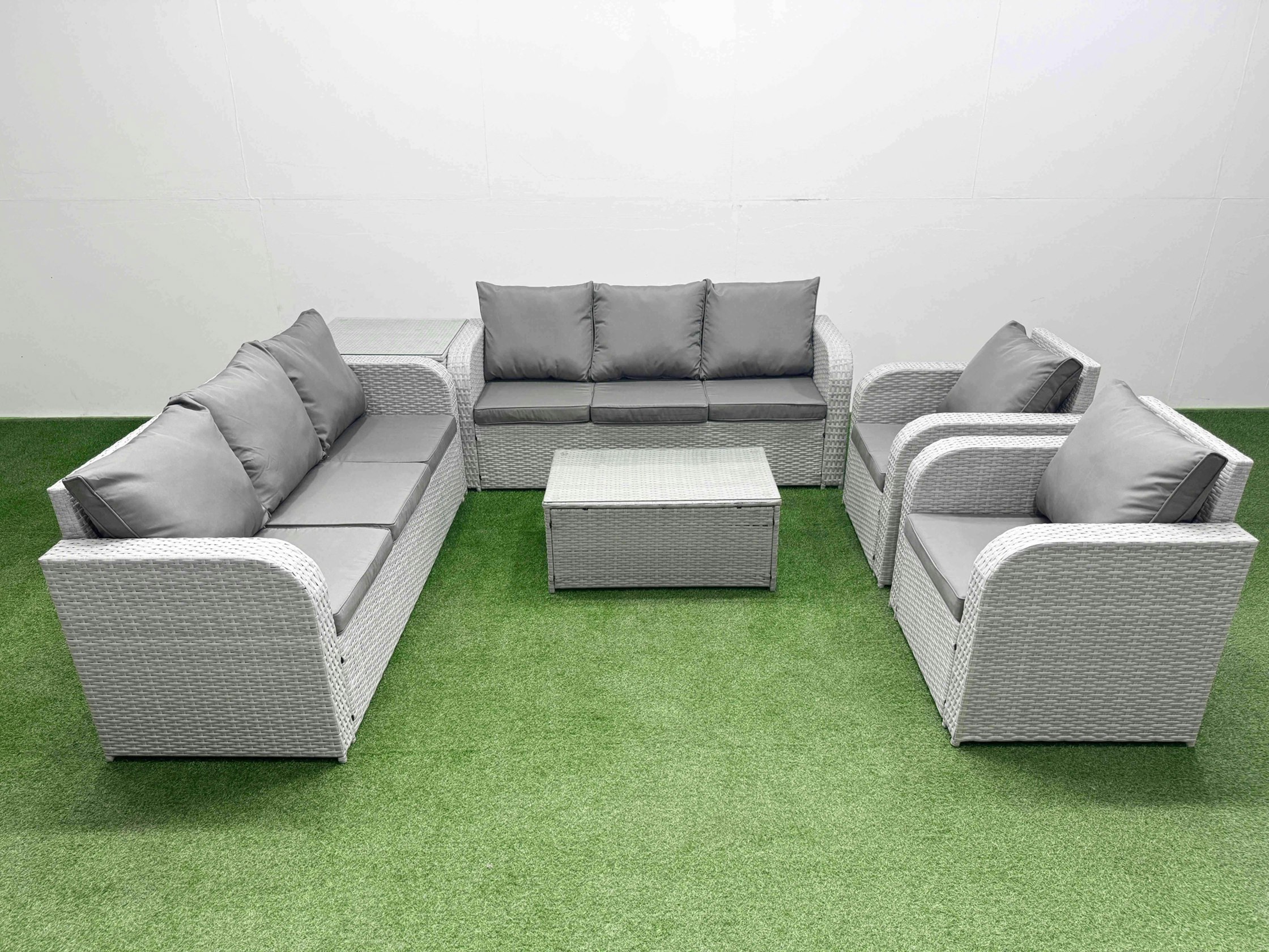 Rackhams Light/Grey Pe Rattan High Back Lounge Sofa Set Patio Coffee Table & Chairs Set With 3 Seater Sofa Reclining Chair Side Table