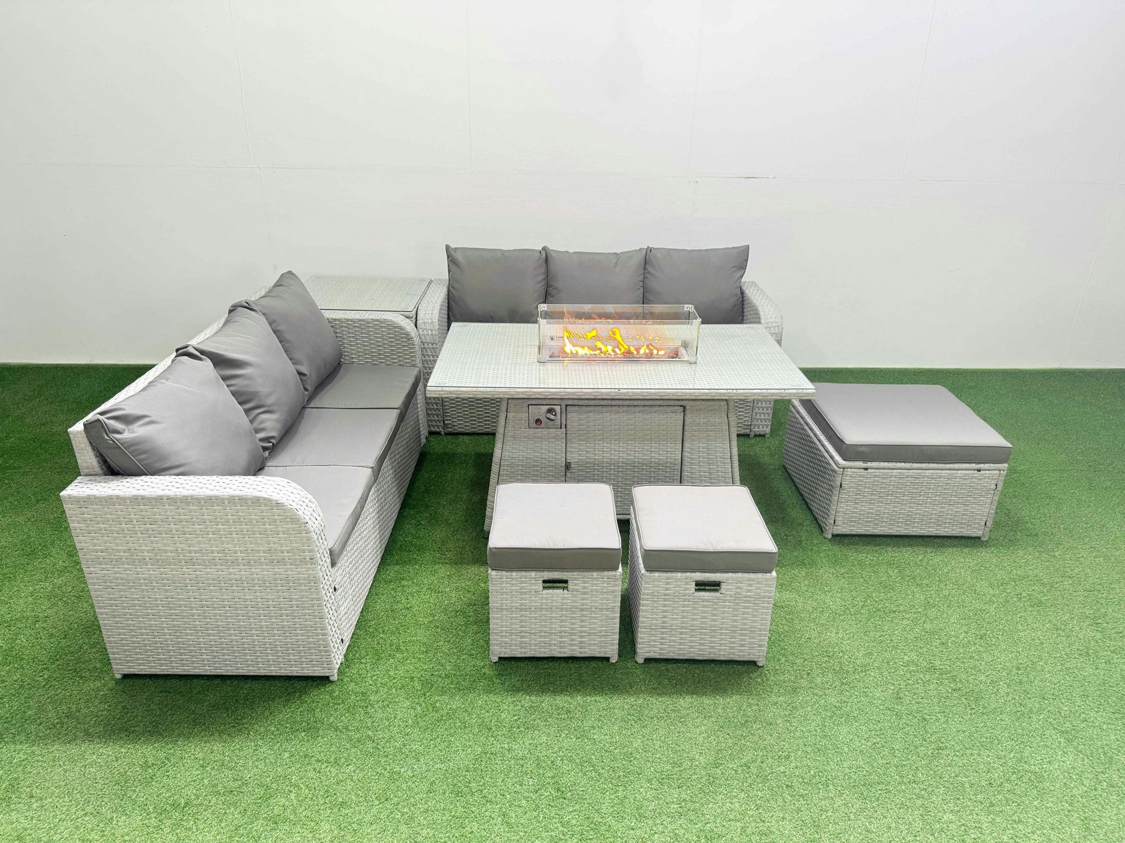 Rackhams Light/Grey Outdoor Garden Furniture Set 9 Seater Rattan Furniture Sofa Set With Fire Pit Dining Table High Back Lounge Sofa 3 Stools Side Table