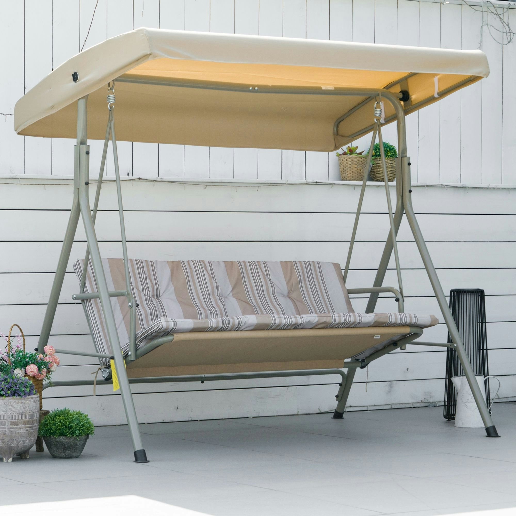 Rackhams Light/Brown 3 Person Porch Swing Chair Outdoor Lounge Bench Canopy