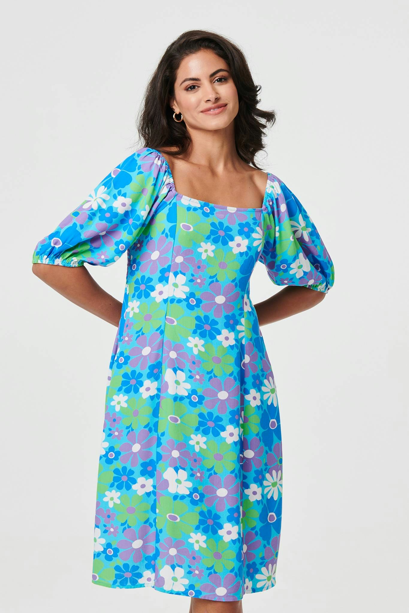 Izabel London Green Floral Square Neck Knee Length Dress - 10