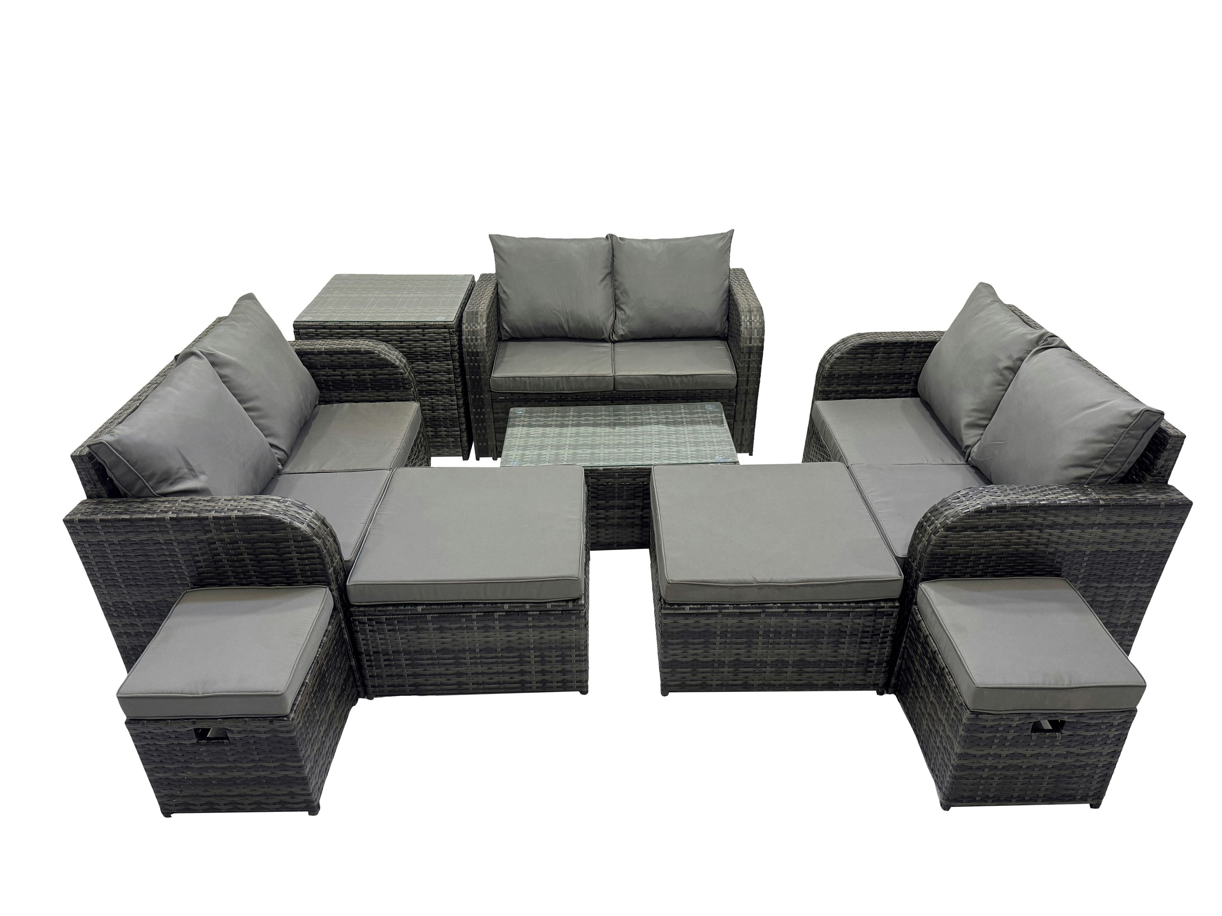 Rackhams Dark/Grey Outdoor Love Sofa Coffee Table Set Garden Rattan Furniture Set 10 Seater With 4 Stools Side Table