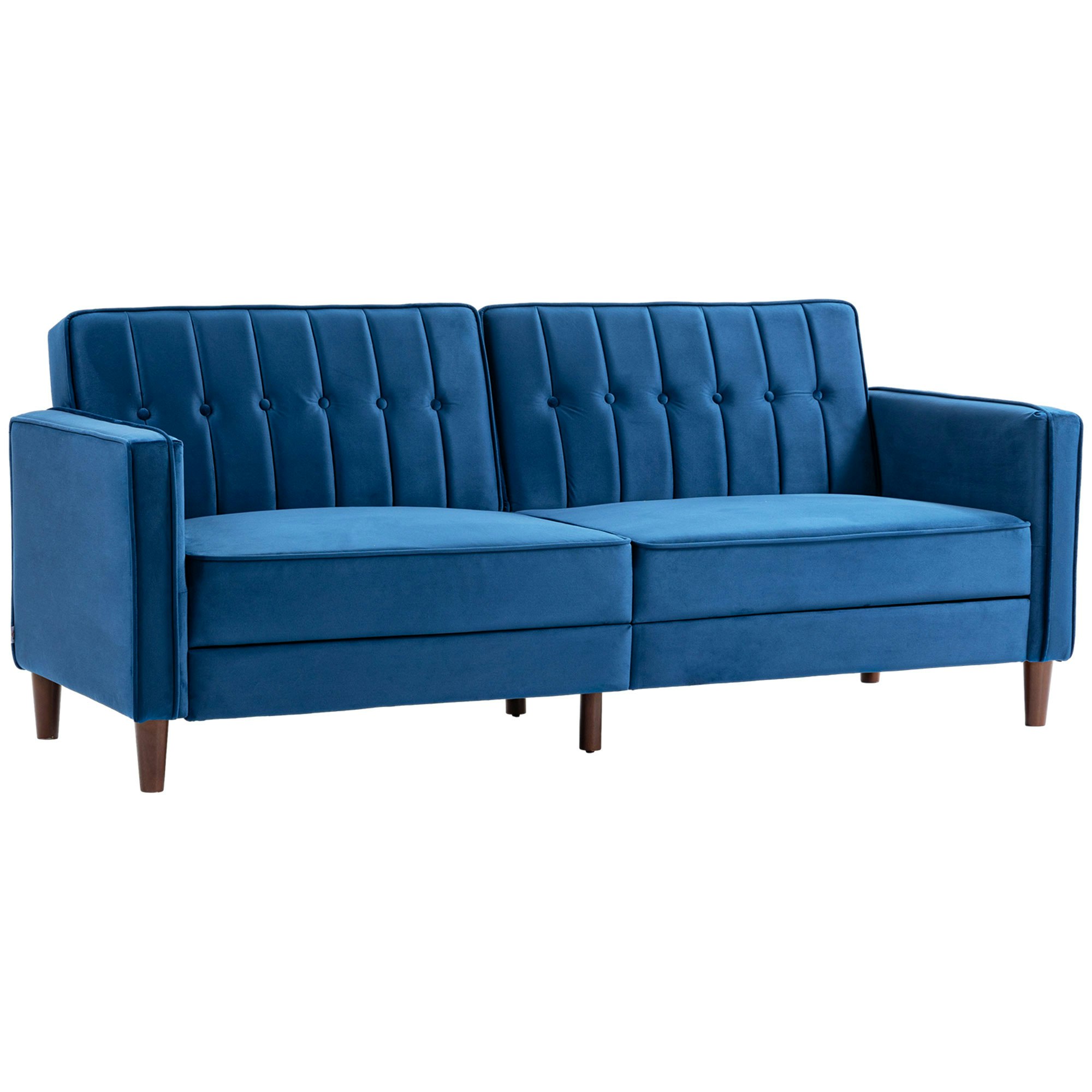 Homcom Blue Convertible Sofa Futon Velvet-Touch Tufted Couch Sofa Bed - Polyester - Size 2 Seater
