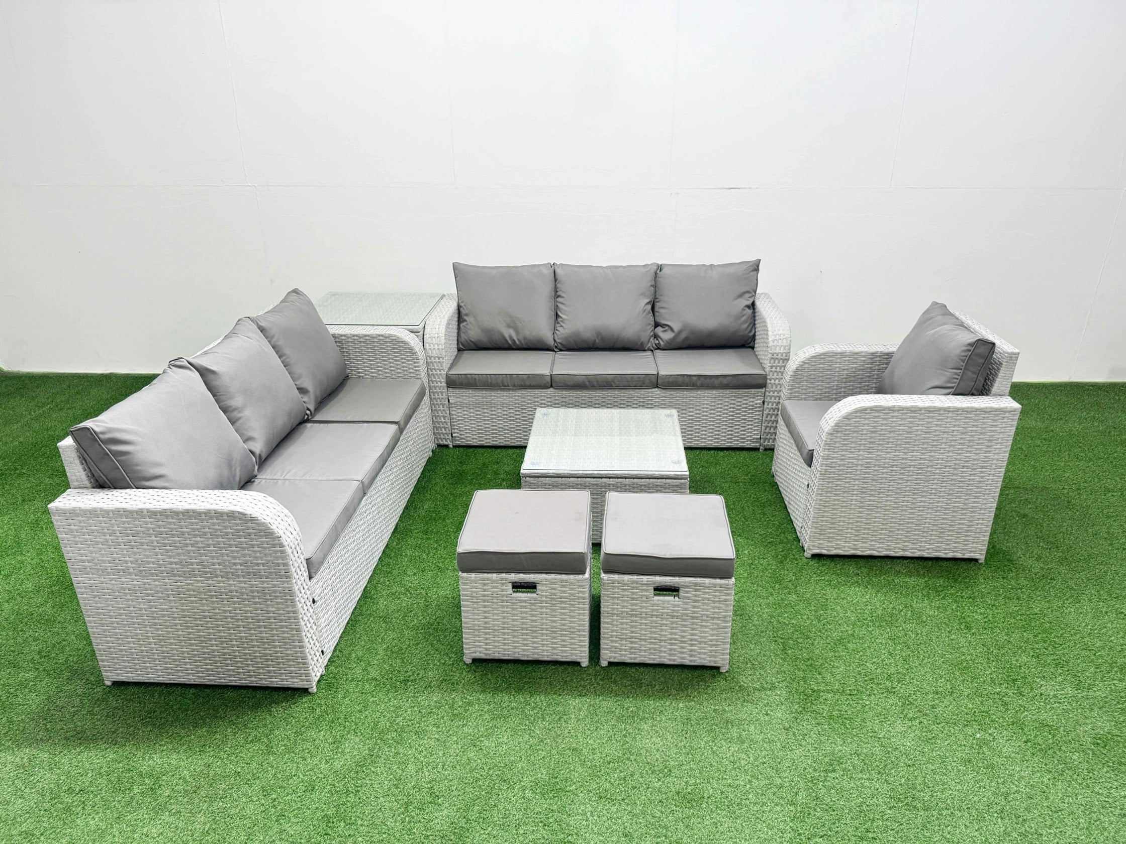 Rackhams Light/Grey 9 Seater Rattan Outdoor Garden Furniture Square Coffee Table Set 3 Seater Sofa Reclining Chair 3 Seater Sofa Stools Side Table
