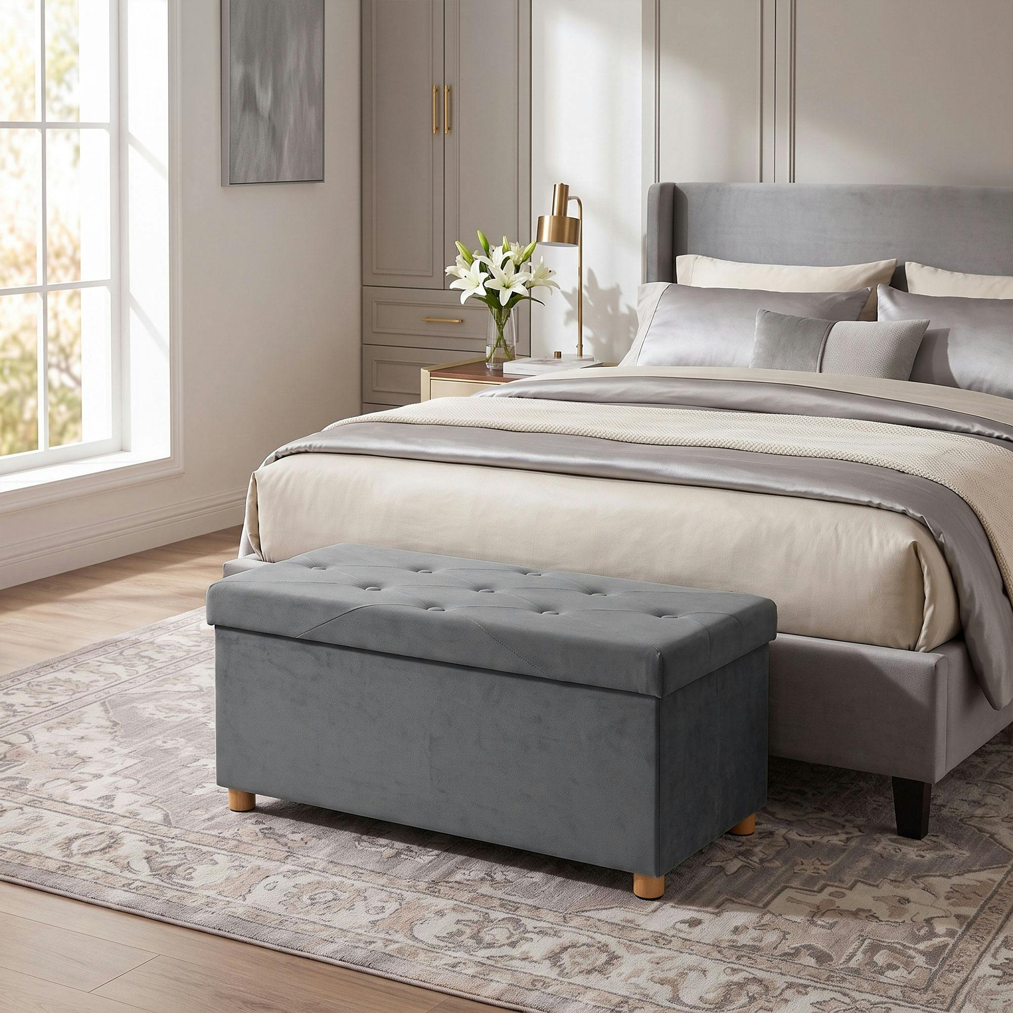 Rackhams Grey Velvet Upholstered Foldable Ottoman Footrest With Wood Legs