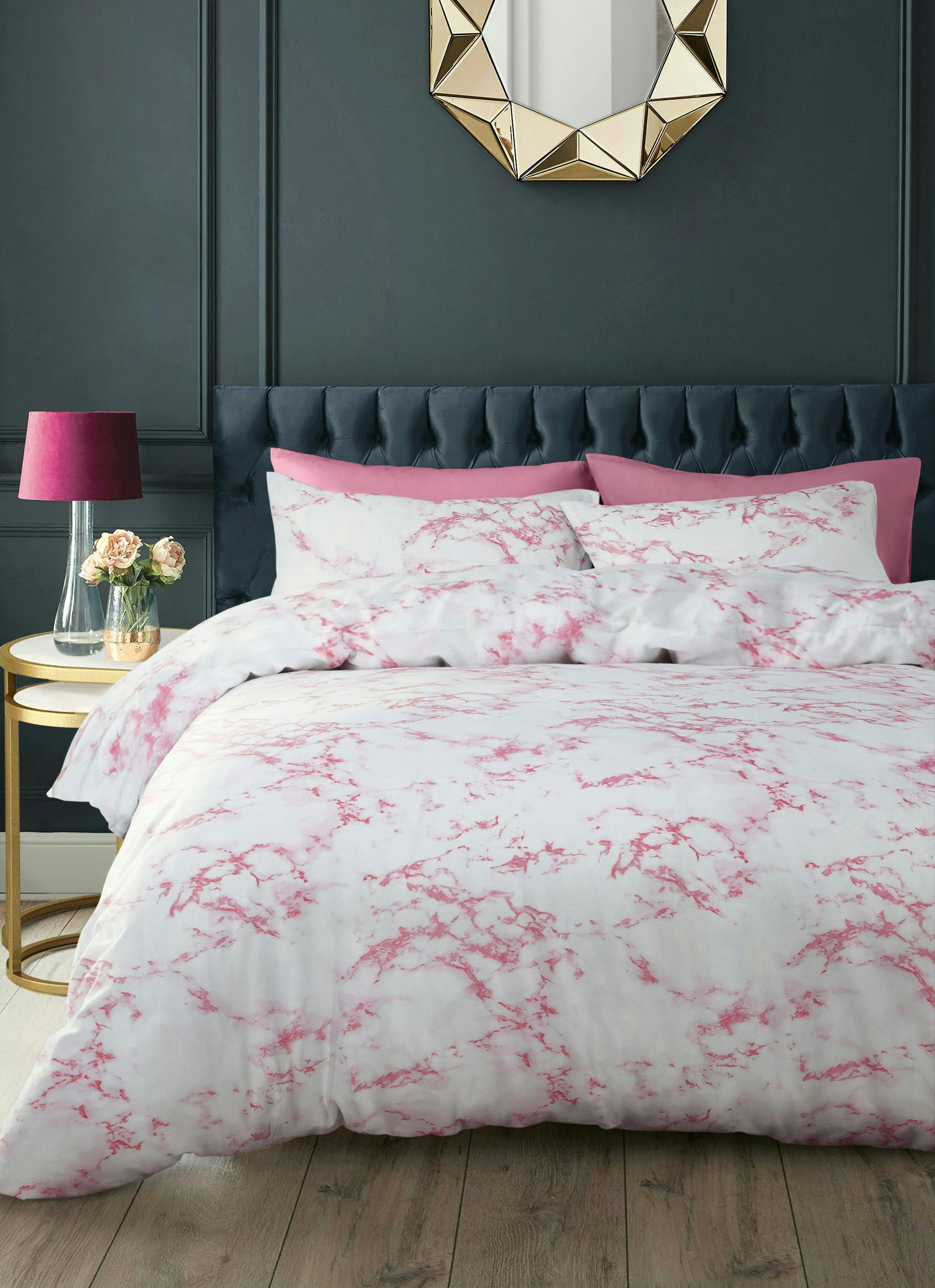 Velosso Pink Marble Printed Cotton Blend Duvet Cover And Pillowcase Set - King