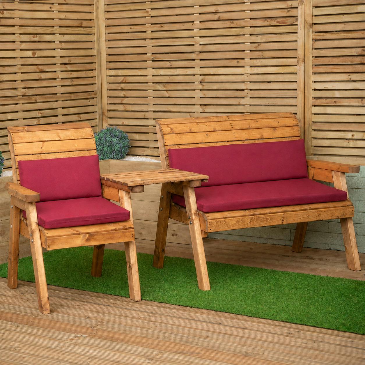 Rackhams Burgundy Hand Made 4 Seater Chunky Rustic Wooden Furniture Set With 2 Benches, Angled Tray & Cushions