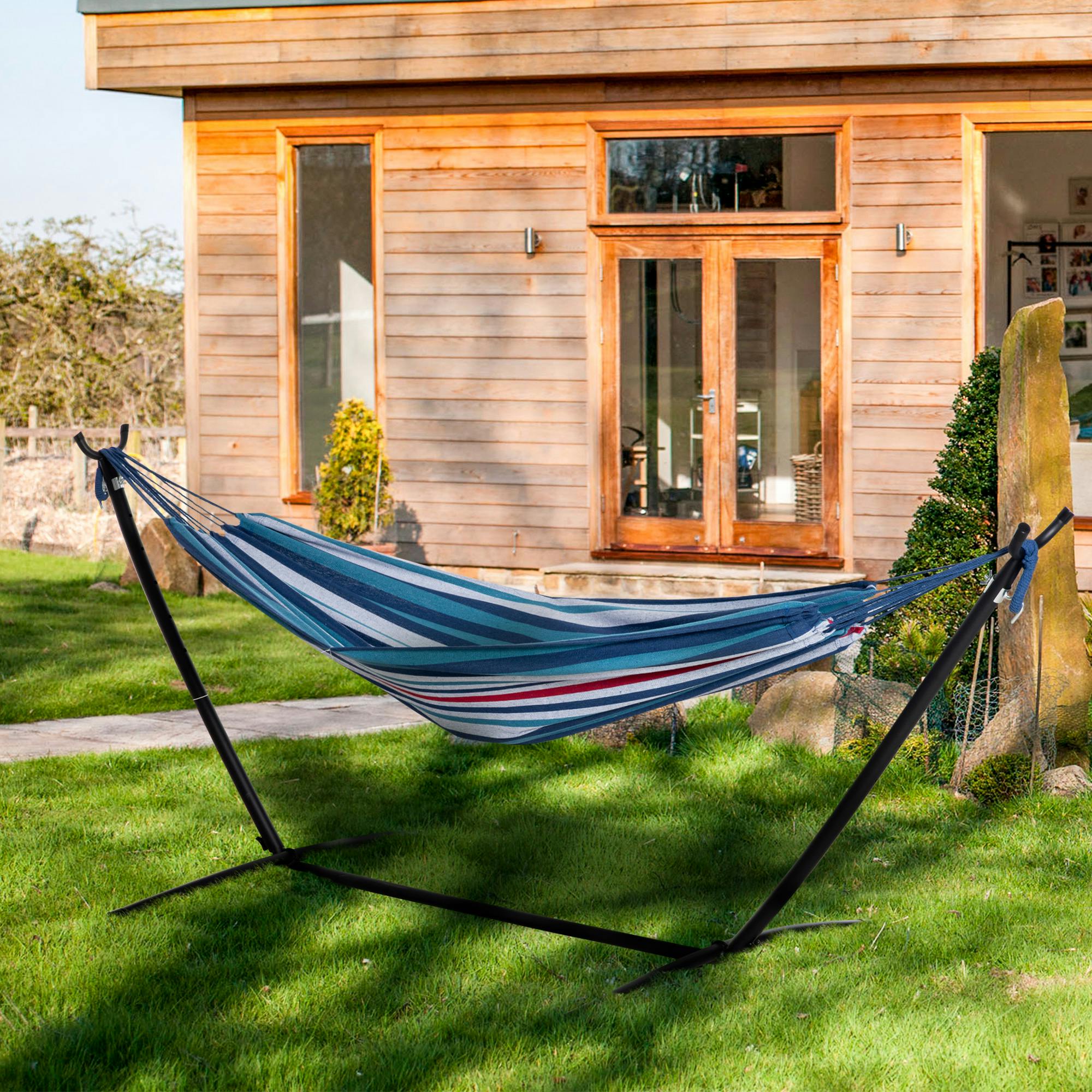Rackhams Red/Blue 298 X 117Cm Hammock With Metal Stand Carrying Bag 120Kg Stripe - Stripe
