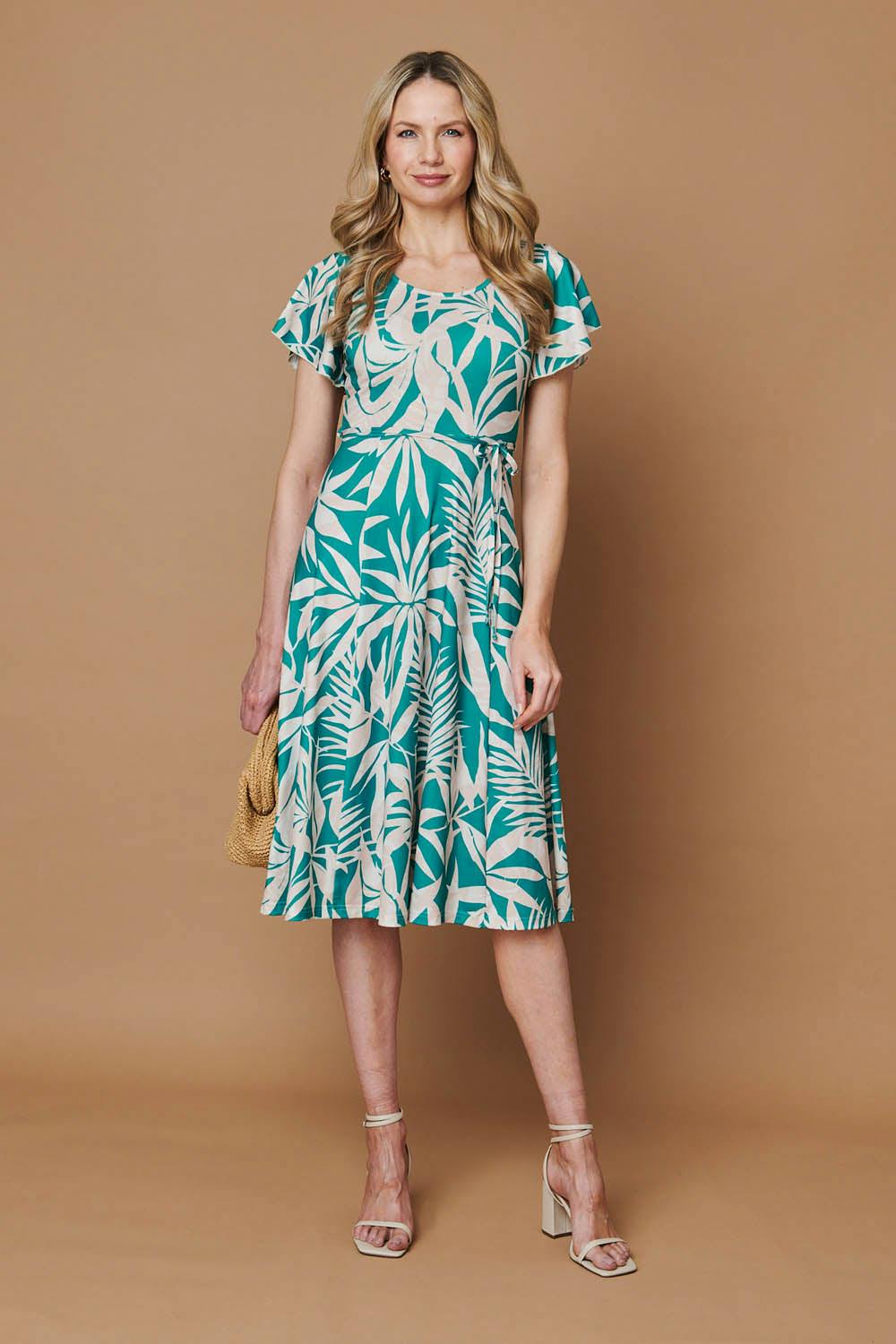 Izabel London Green Leaf Print Tie Angel Sleeve Midi Dress - 18