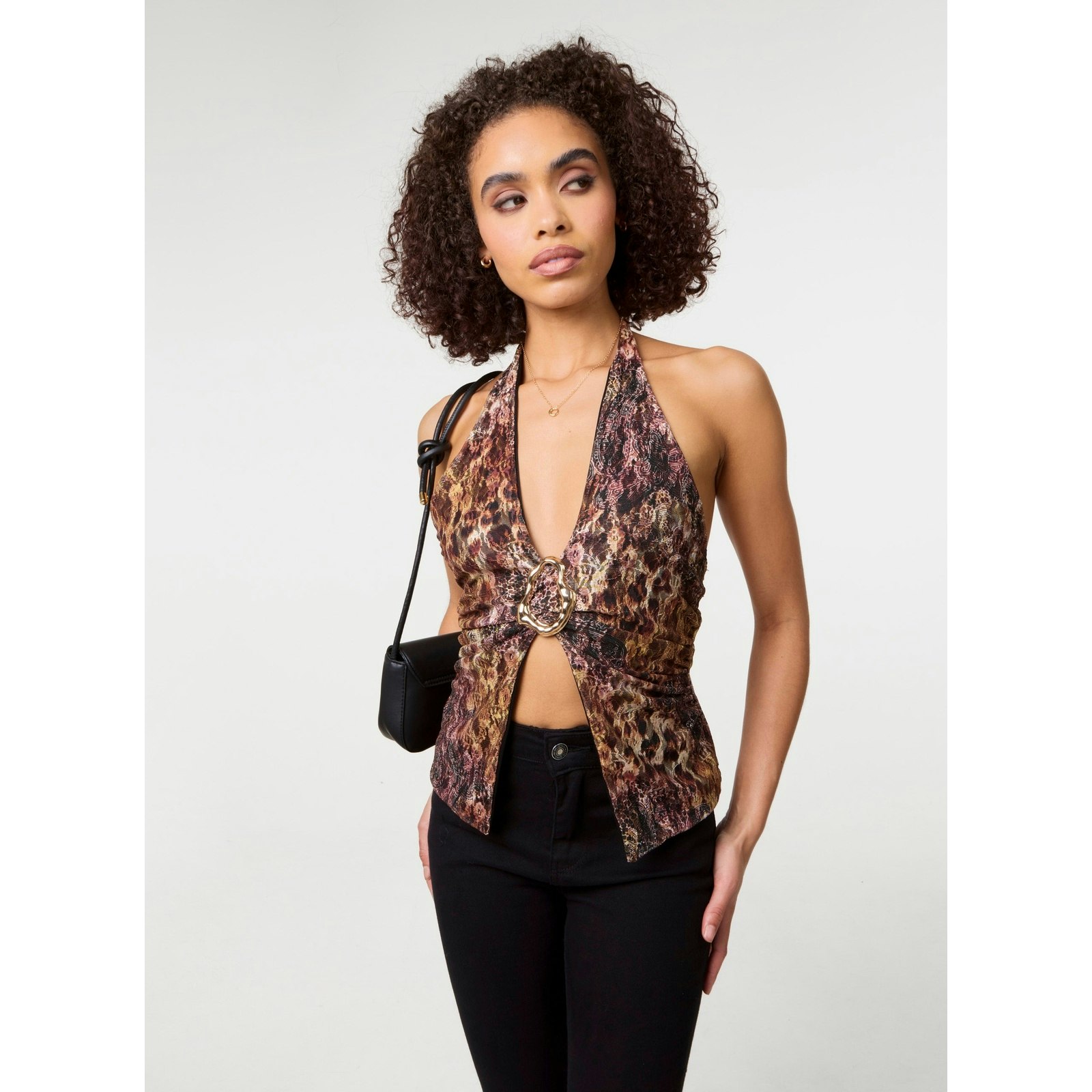 Pink Vanilla Pink/Brown Vanilla Animal Lace Halter Neck Top - L