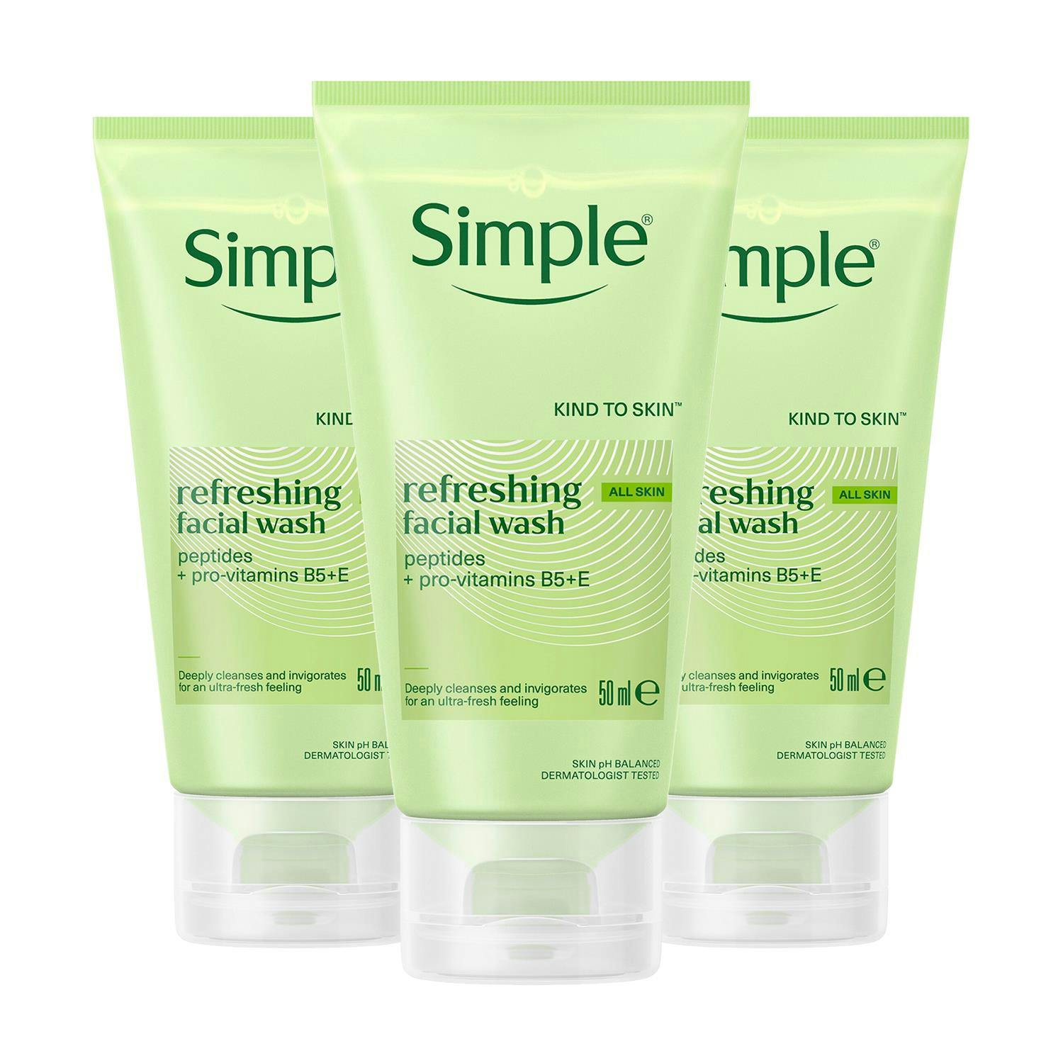 Simple Kind To Skin Soap Free Refreshing Facial Gel Wash, 3 X 50Ml