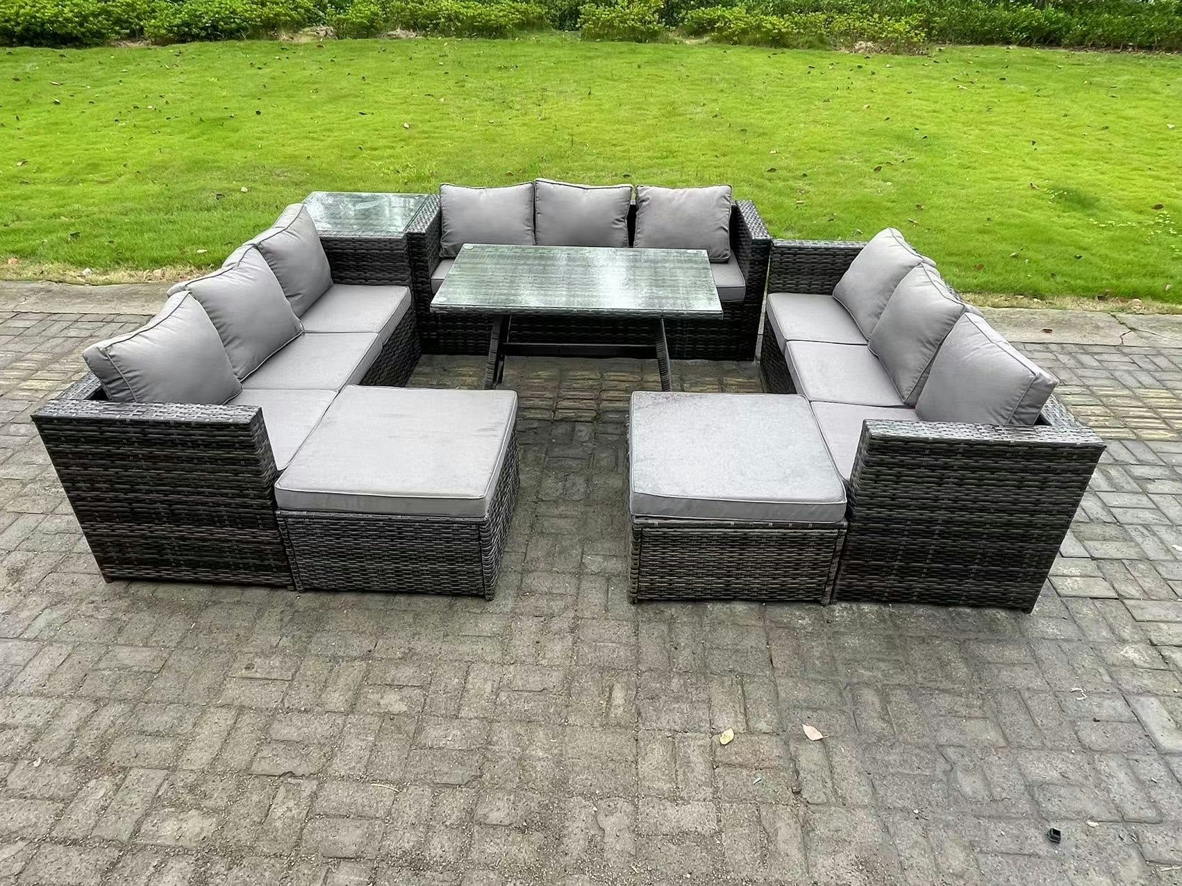 Fimous Dark/Grey 11 Seater Rattan Outdoor Furniture Lounge Sofa Garden Dining Set With Dining Table Side Table 2 Big Footstools Mixed