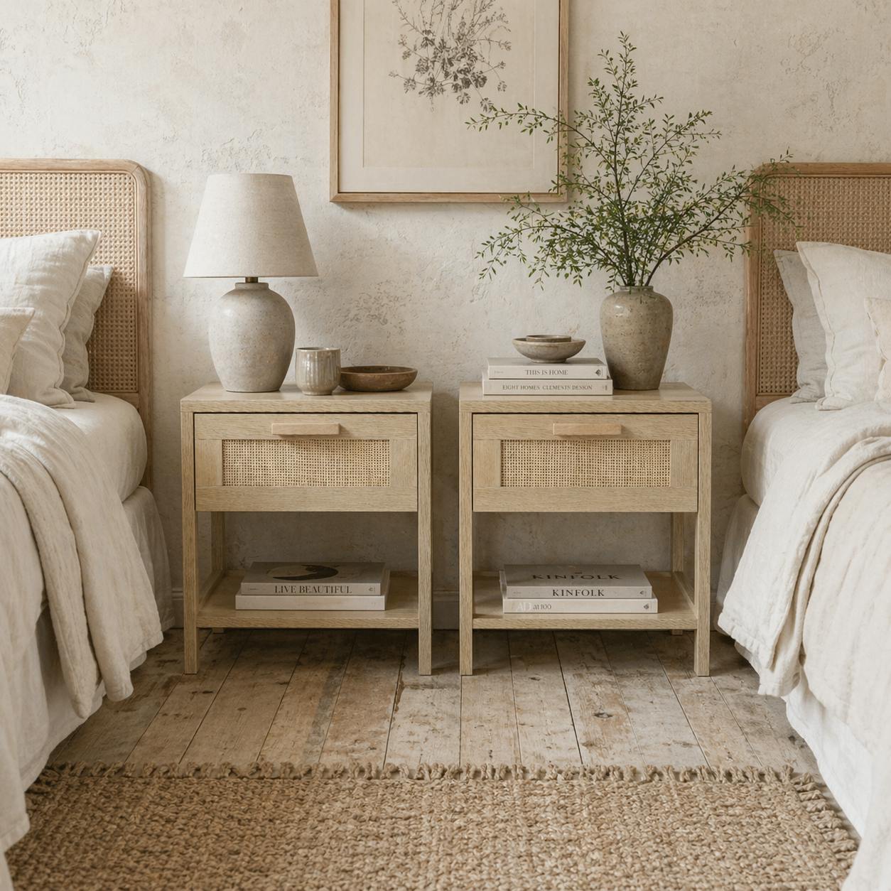 Wyld Haus Vicoha Set Of 2 Natural Rattan Drawer Bedside Tables With Open Shelf