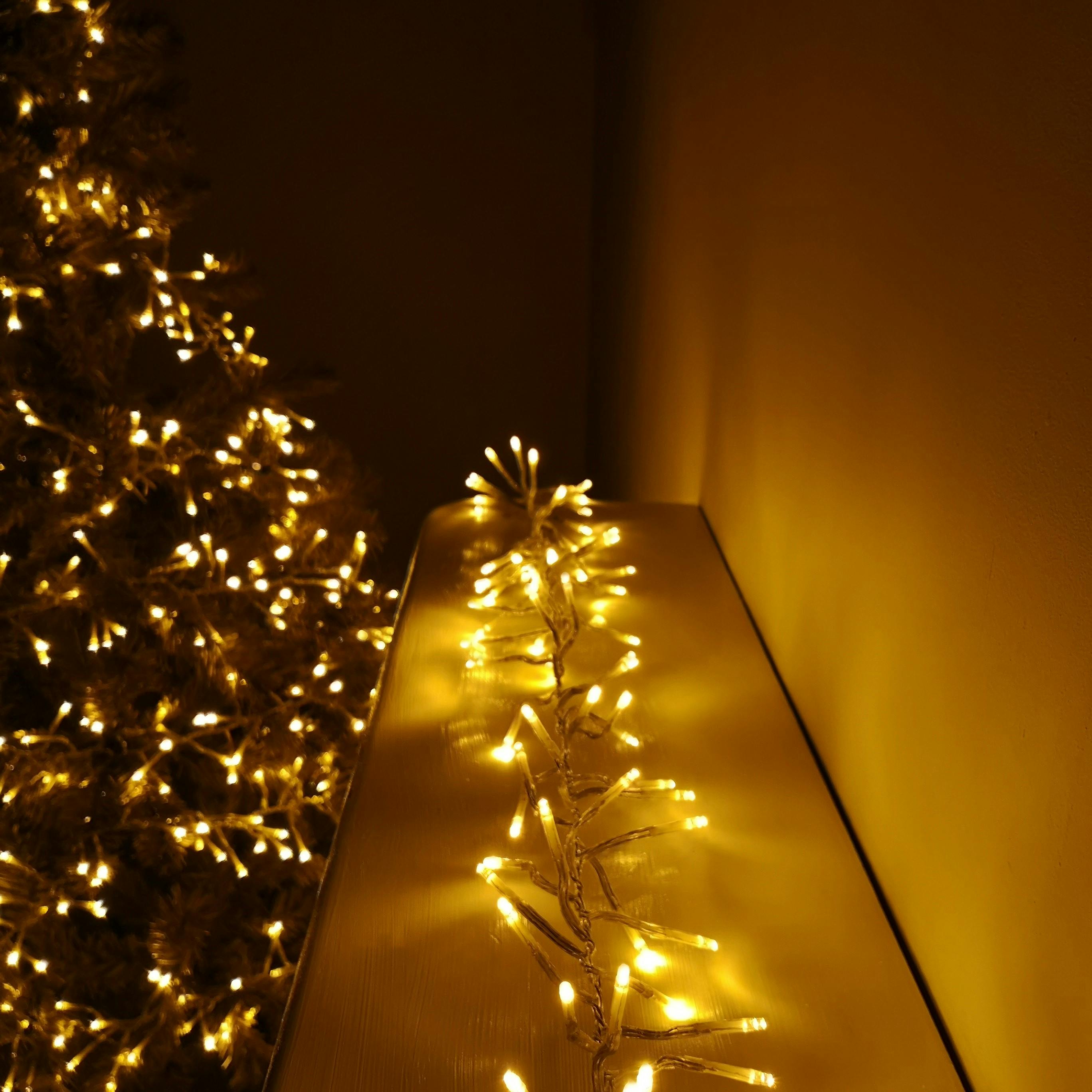 Rackhams Gold 960 Led 12.4M Premier Cluster Indoor Outdoor Multi Function Mains Operated Christmas Lights With Timer On Clear Cable In Vintage