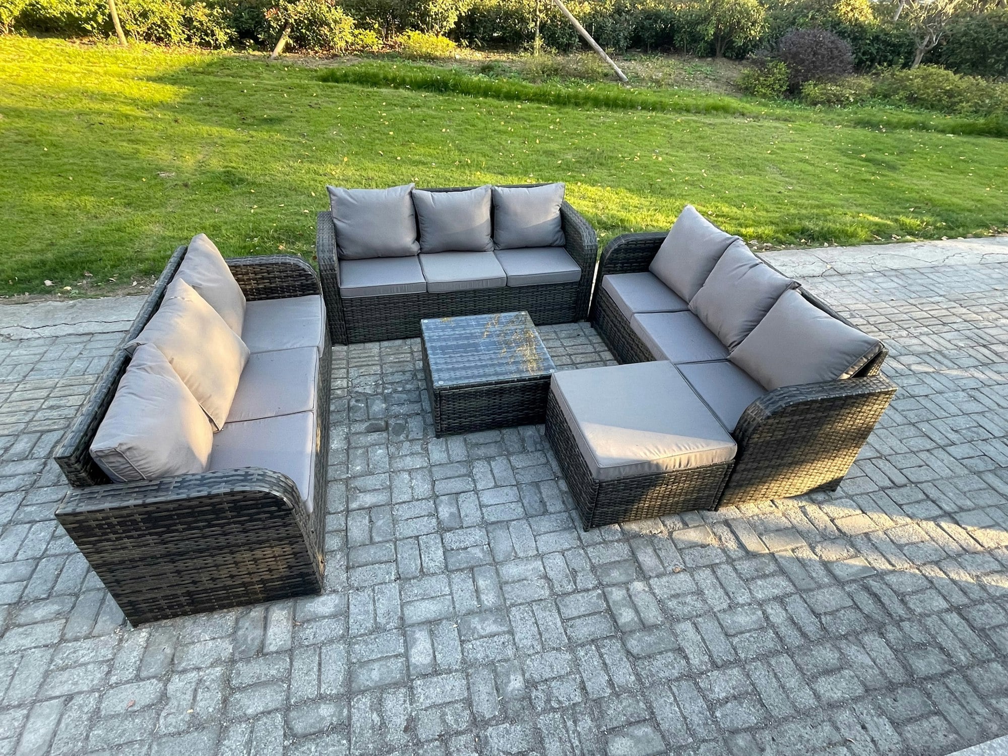 Rackhams Dark/Grey Patio Garden Furniture Sets Wicker 10 Seater Outdoor Rattan Furniture Sofa Sets With Square Coffee Table Big Footstool