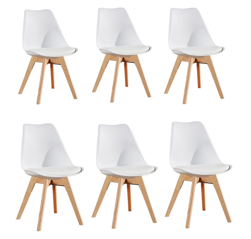 B&Q - Set Of 6 White Scandinavian Dining Chairs With Leather Cushions Solid Wood Legs - Image 3