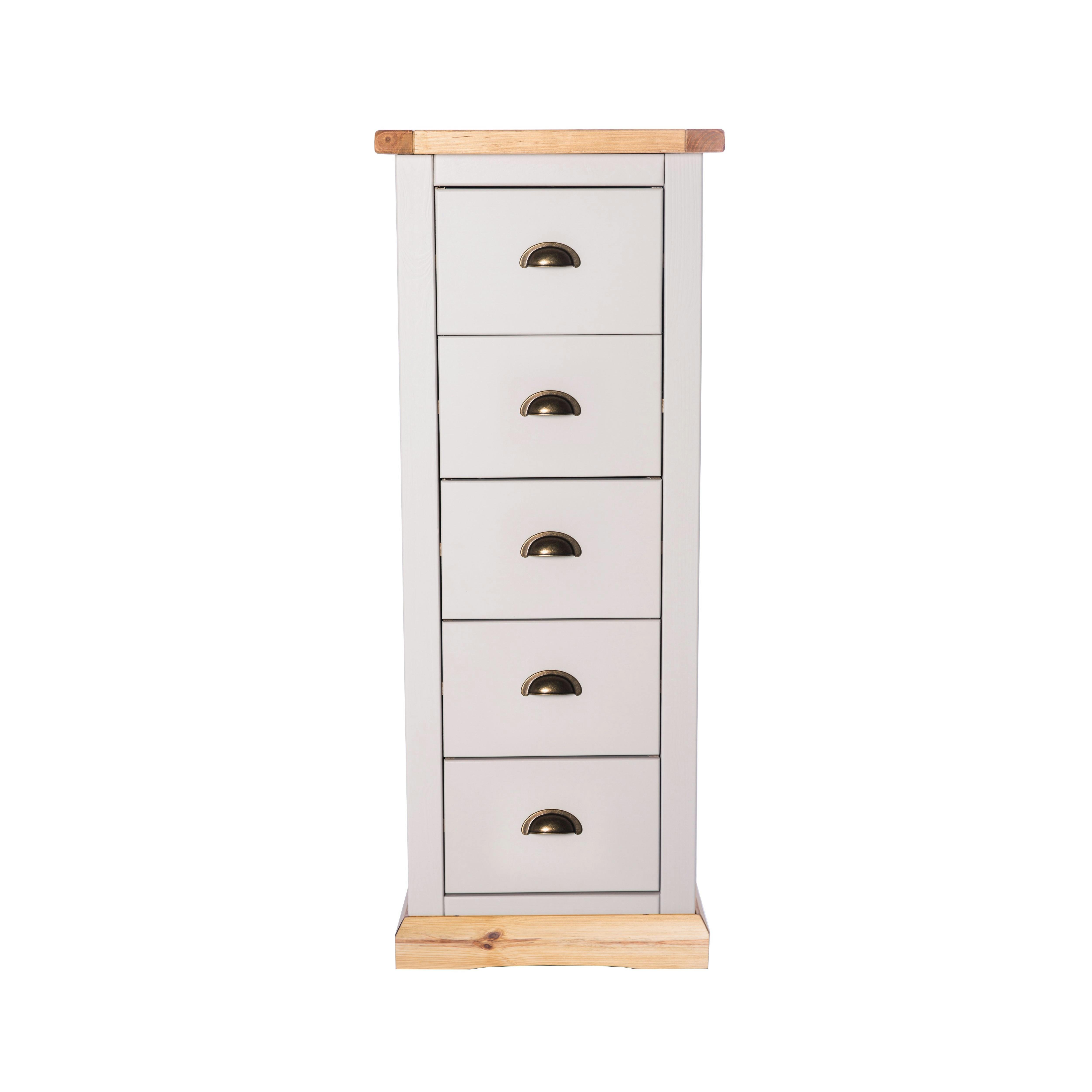Rackhams Light/Grey Bomporto 5 Drawer Narrow Chest Of Drawers Brass Cup Handle