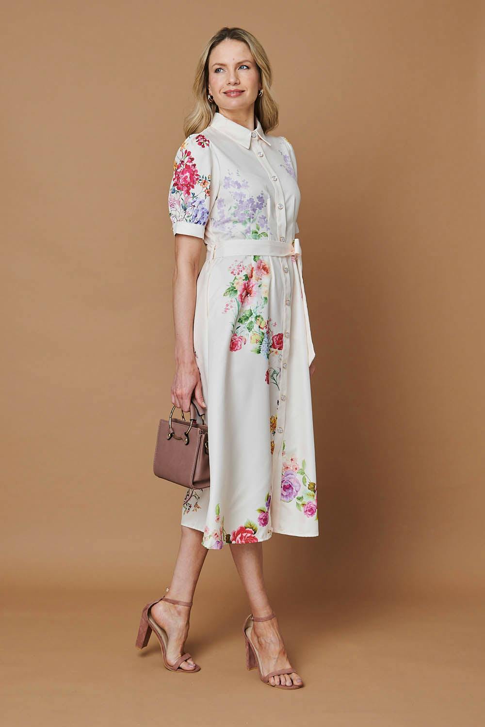 Izabel London Beige Floral 1/2 Sleeve Tie Waist Midi Dress - 10
