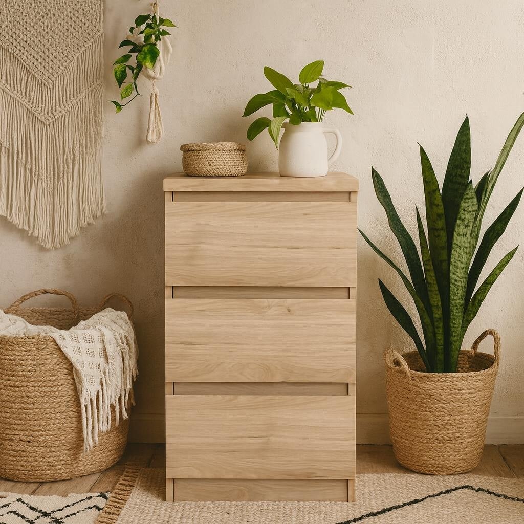 Rackhams Budapest Natural Oak Effect Wooden Bedside Table 3 Drawers
