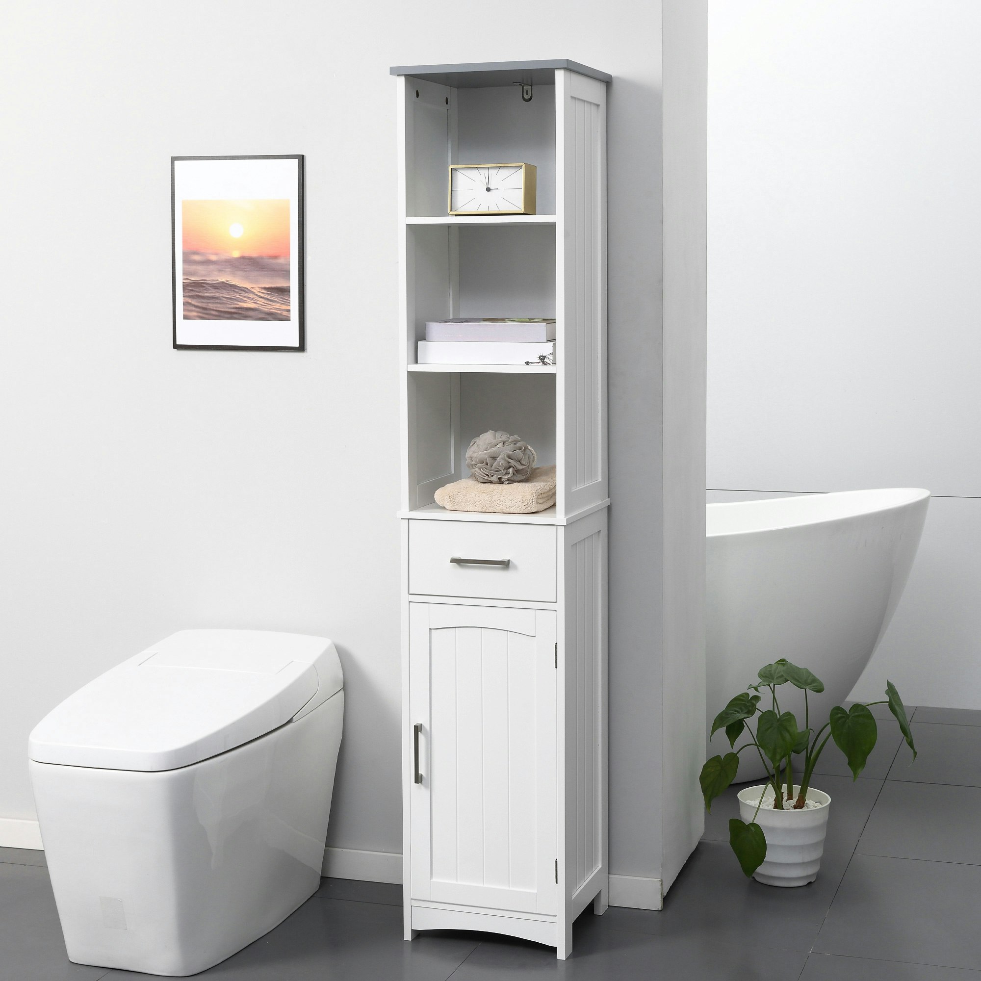 Rackhams White Tall Bathroom Storage Cabinet, Slim Freestanding Linen Tower,